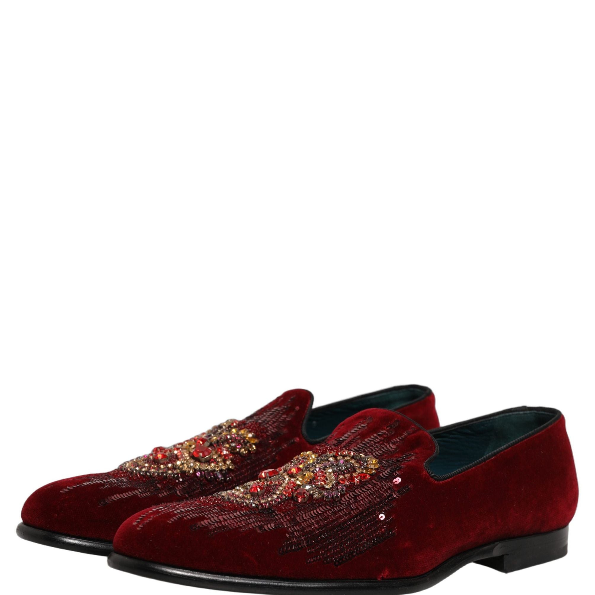 Dolce & Gabbana Maroon Sequin Gemstone Dress Loafers Shoes