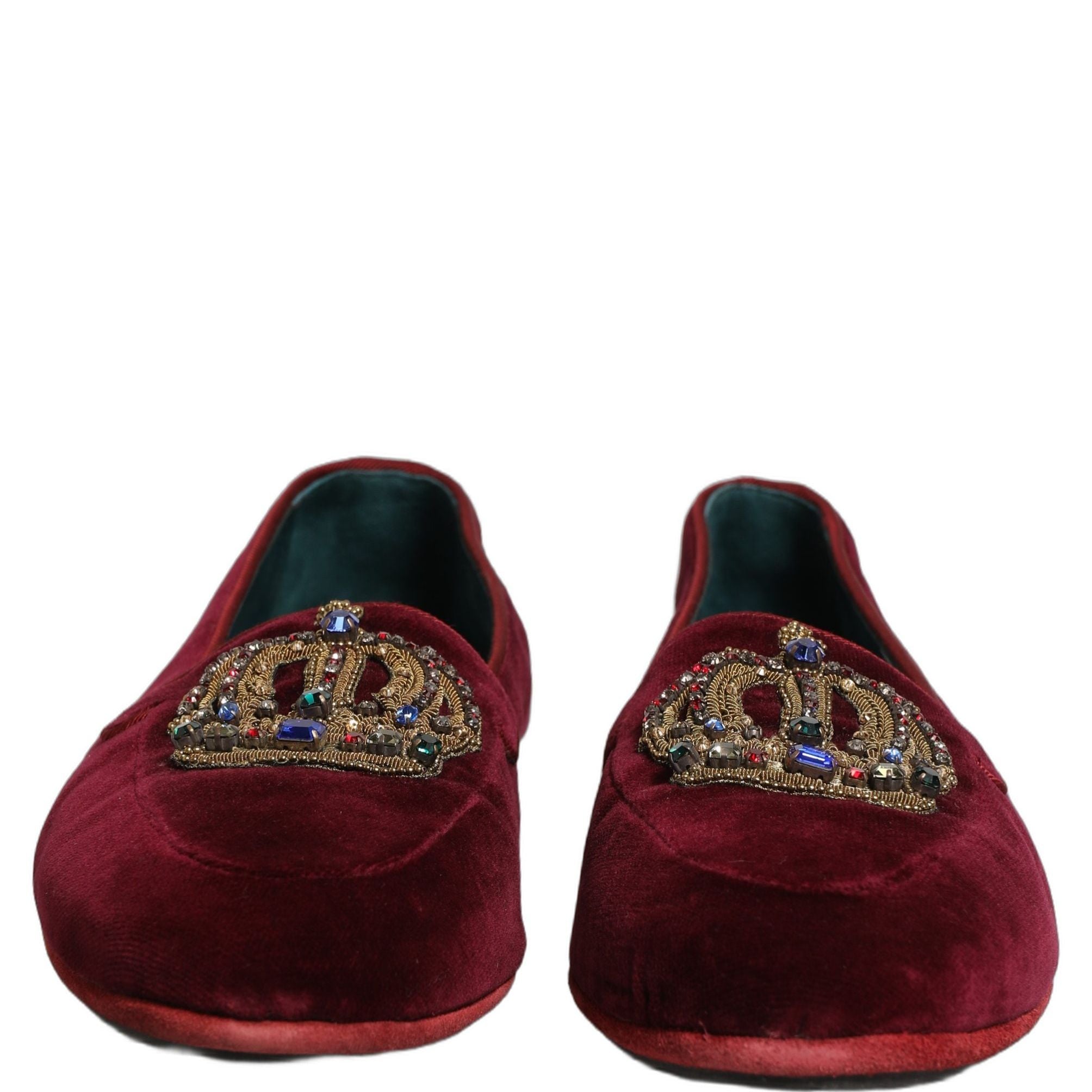 Dolce & Gabbana Burgundy Velvet Crown Slip On Loafers Shoes