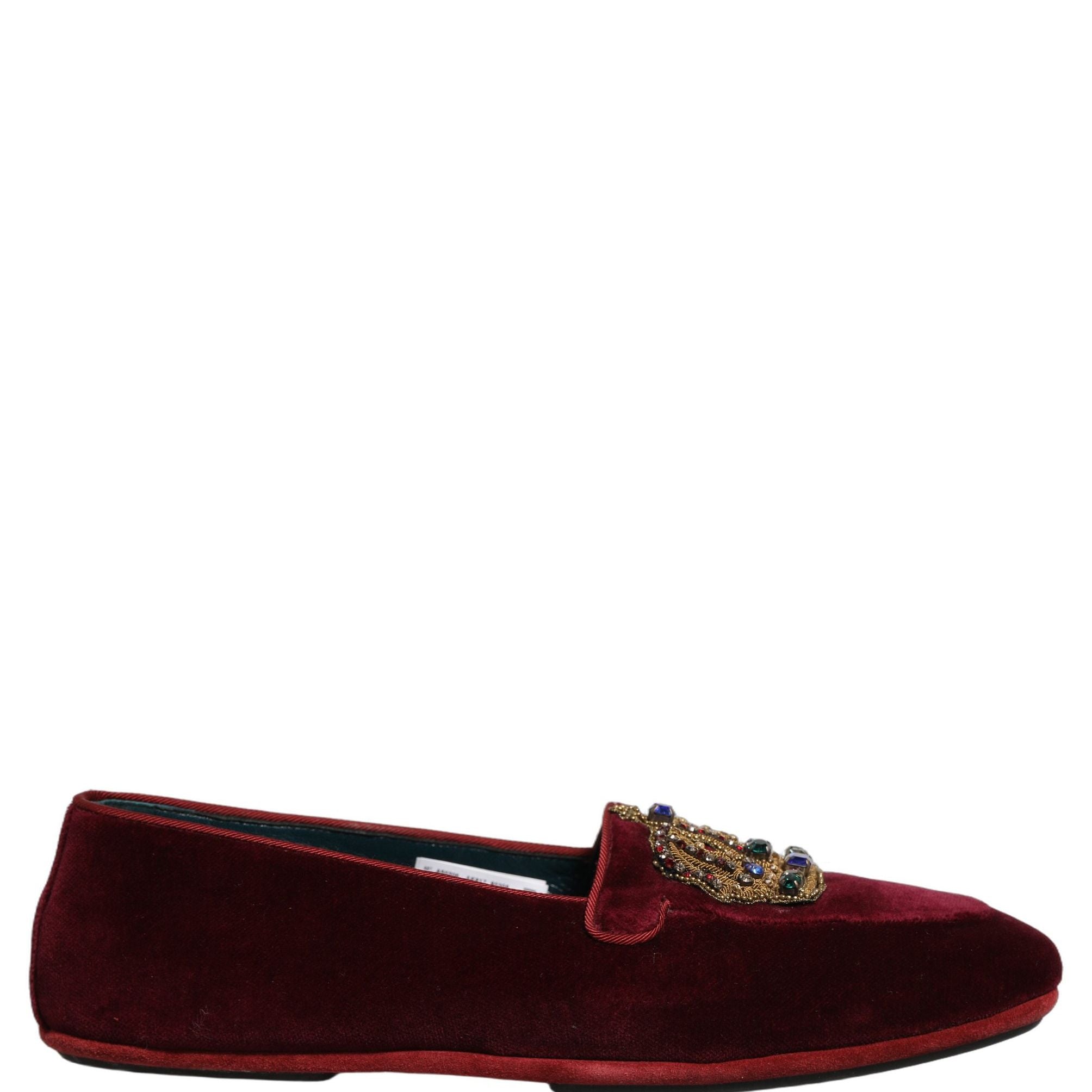 Dolce & Gabbana Burgundy Velvet Crown Slip On Loafers Shoes