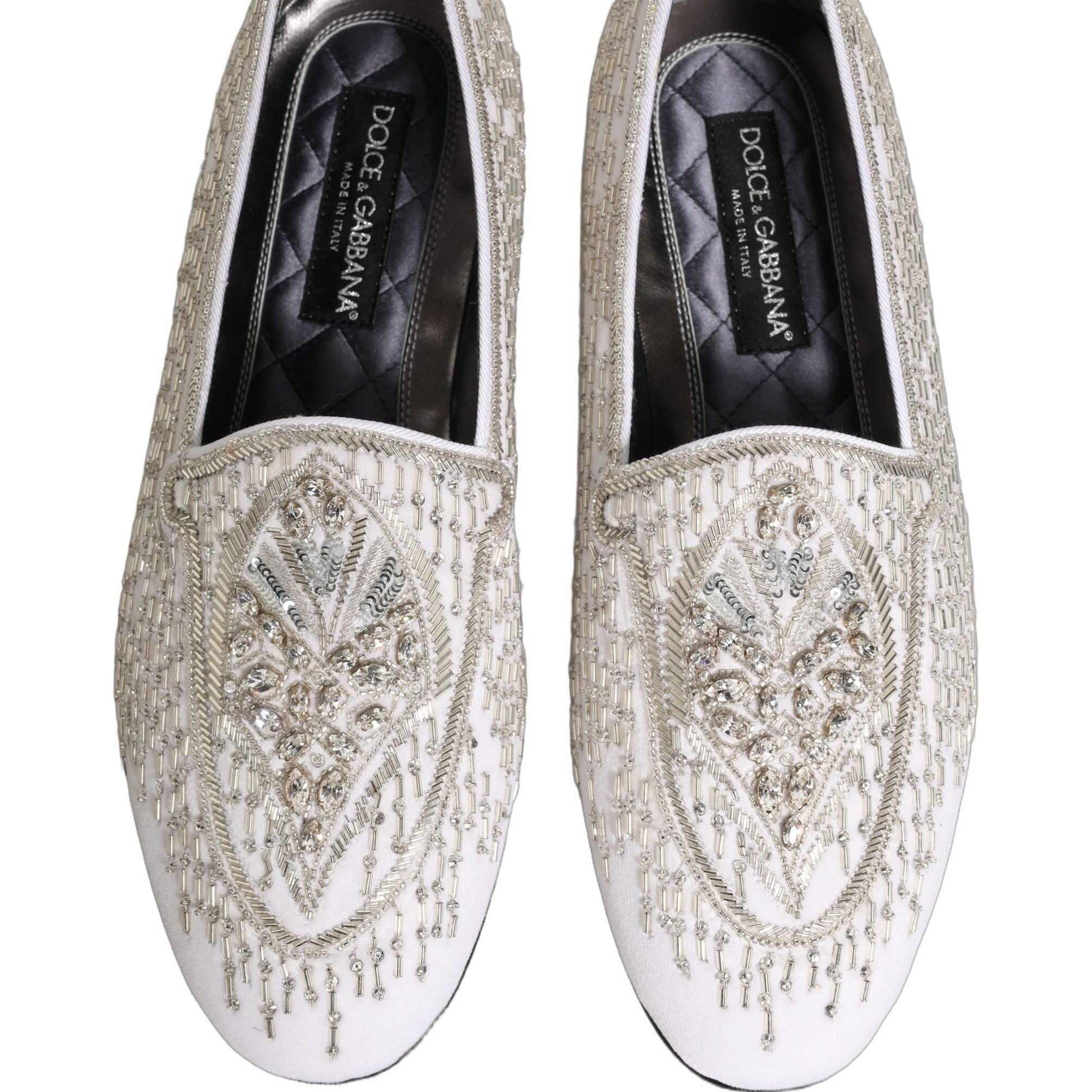 Dolce & Gabbana White Satin Embellished Dress Loafers Shoes