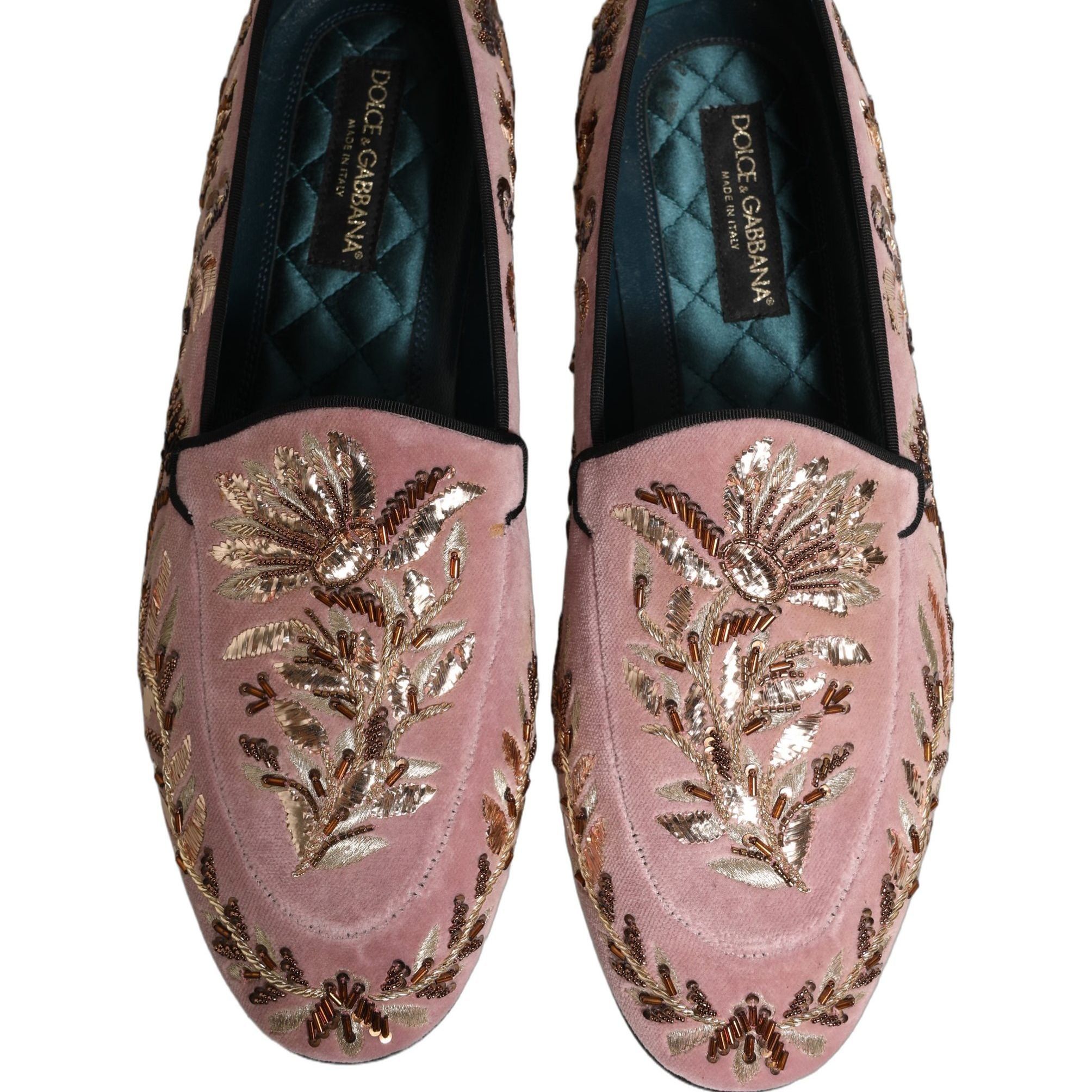 Dolce & Gabbana Pink Velvet Floral Embroidery Loafers Shoes