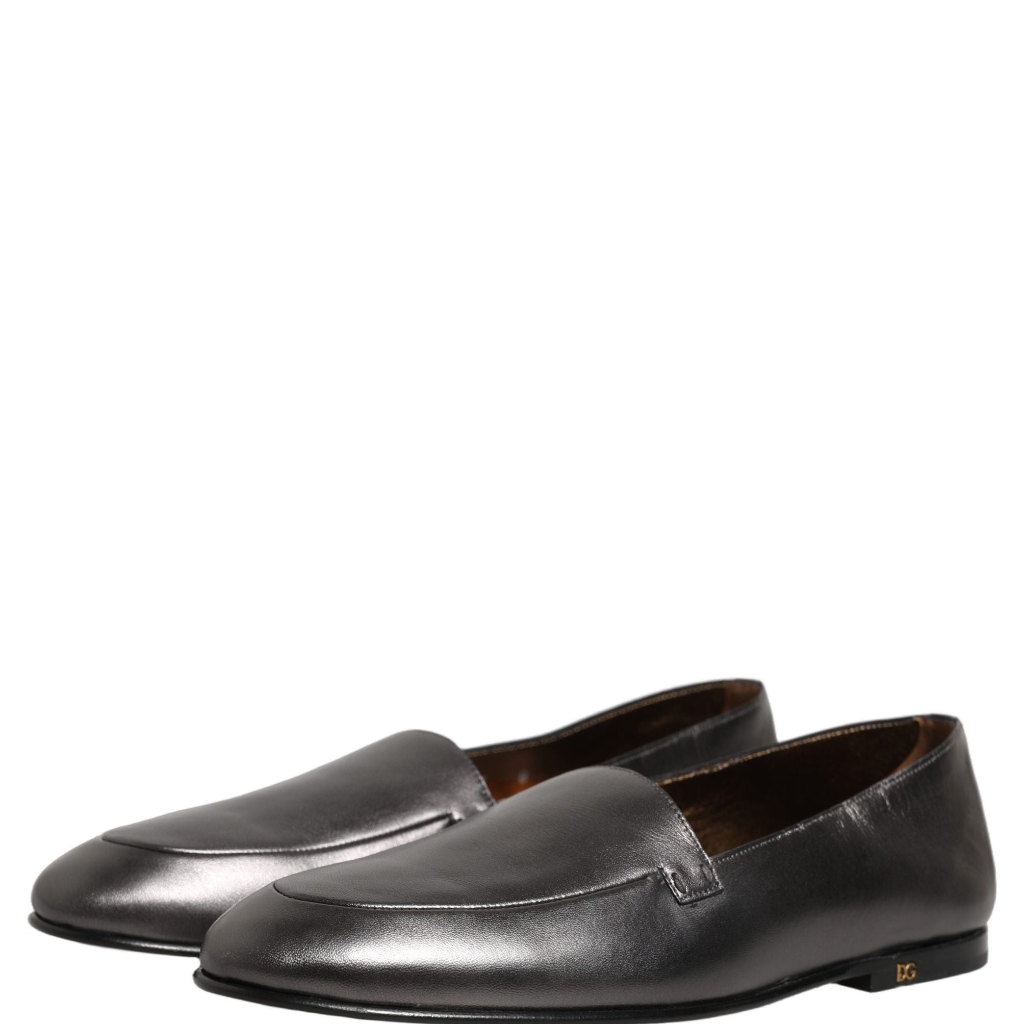 Dolce & Gabbana Silver Leather DG Logo Slip On Loafers Shoes