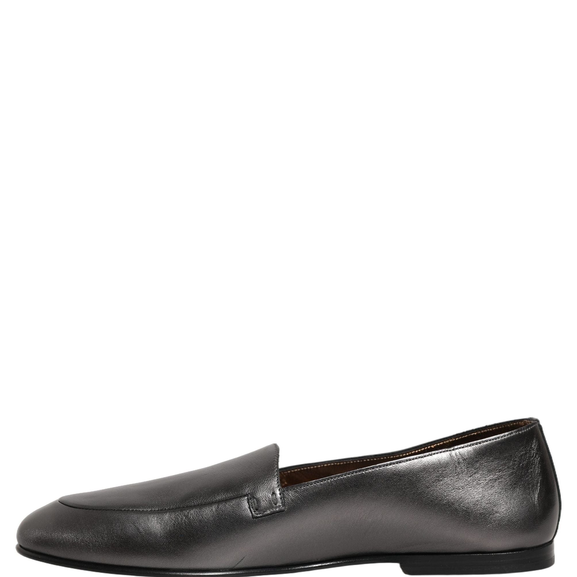 Dolce & Gabbana Silver Leather DG Logo Slip On Loafers Shoes