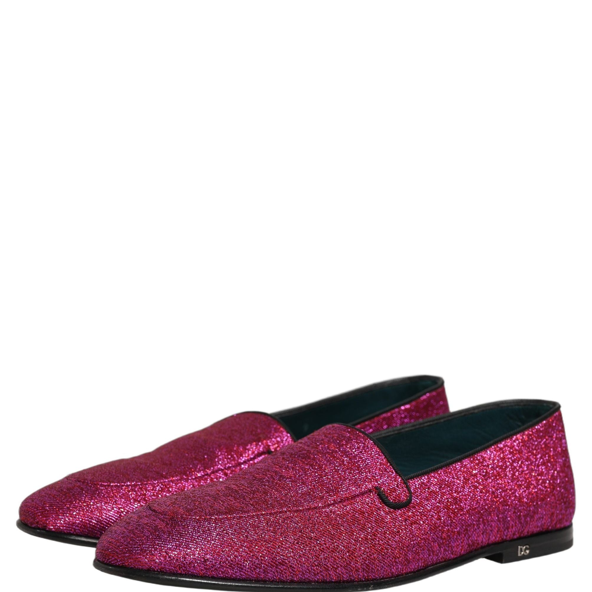 Dolce & Gabbana Pink Glitter Lurex Logo Dress Loafers Shoes