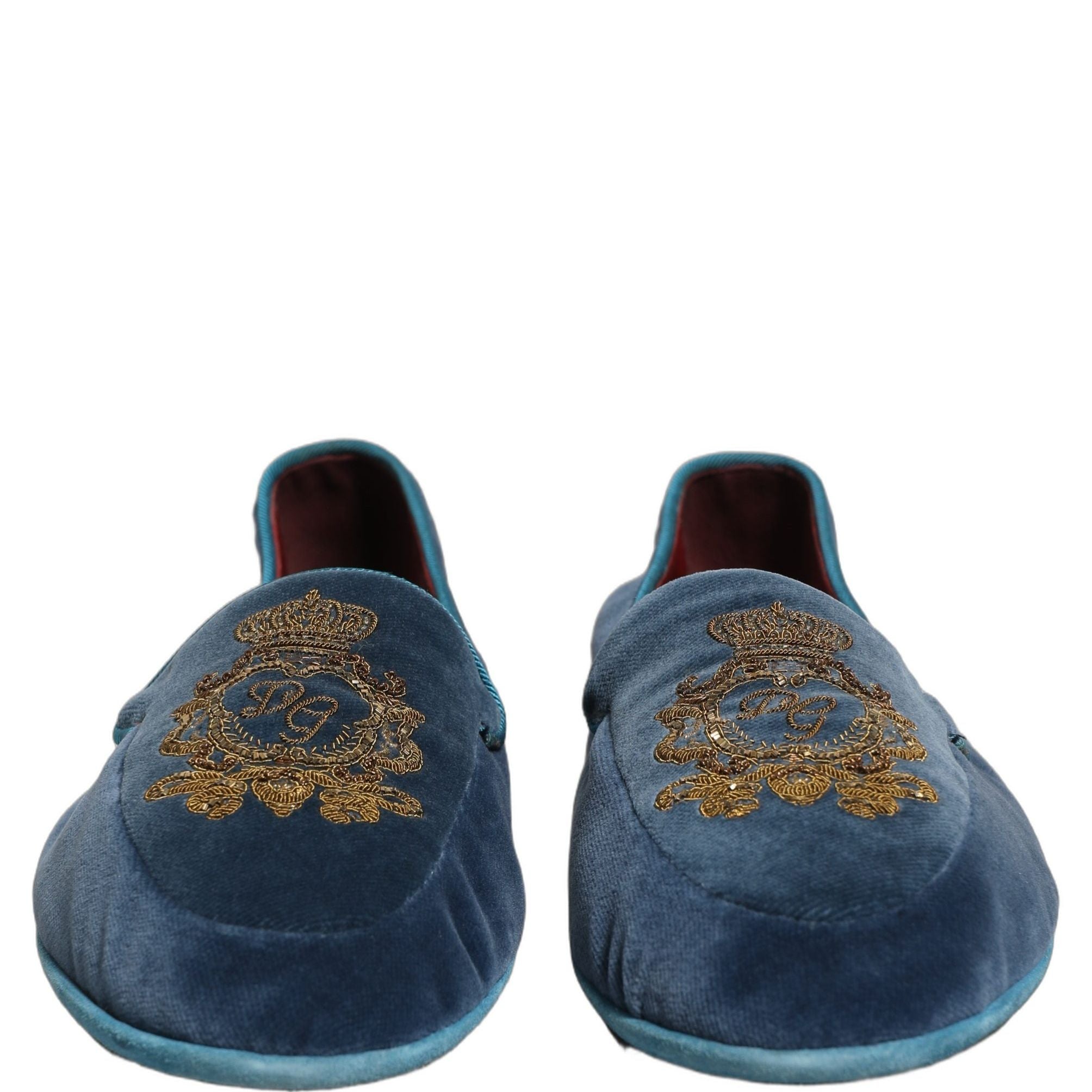 Dolce & Gabbana Blue Velvet Crown Embroidery Loafers Shoes