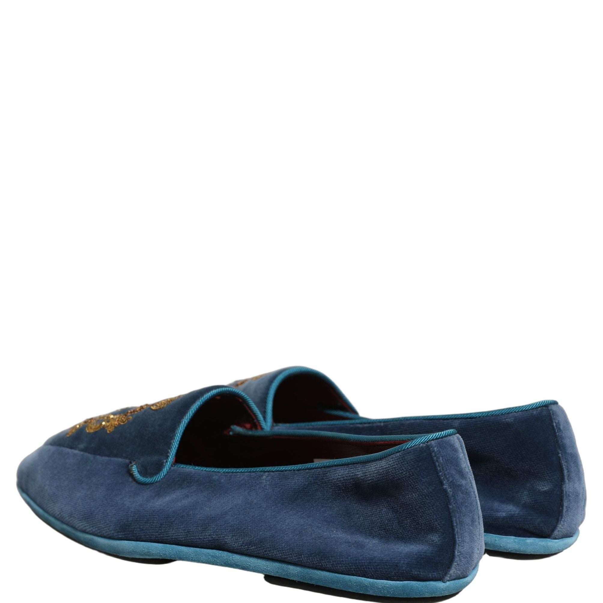 Dolce & Gabbana Blue Velvet Crown Embroidery Loafers Shoes
