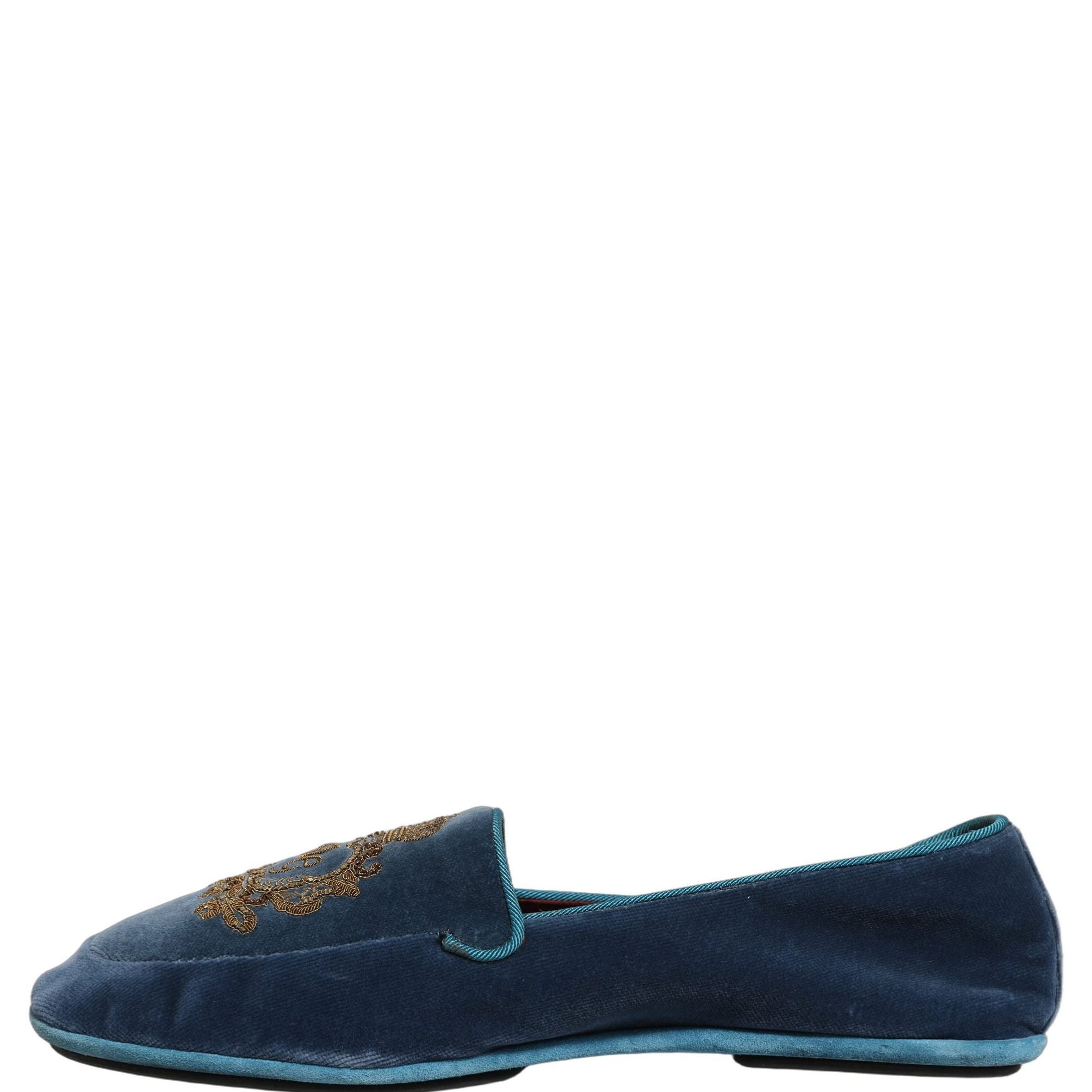 Dolce & Gabbana Blue Velvet Crown Embroidery Loafers Shoes