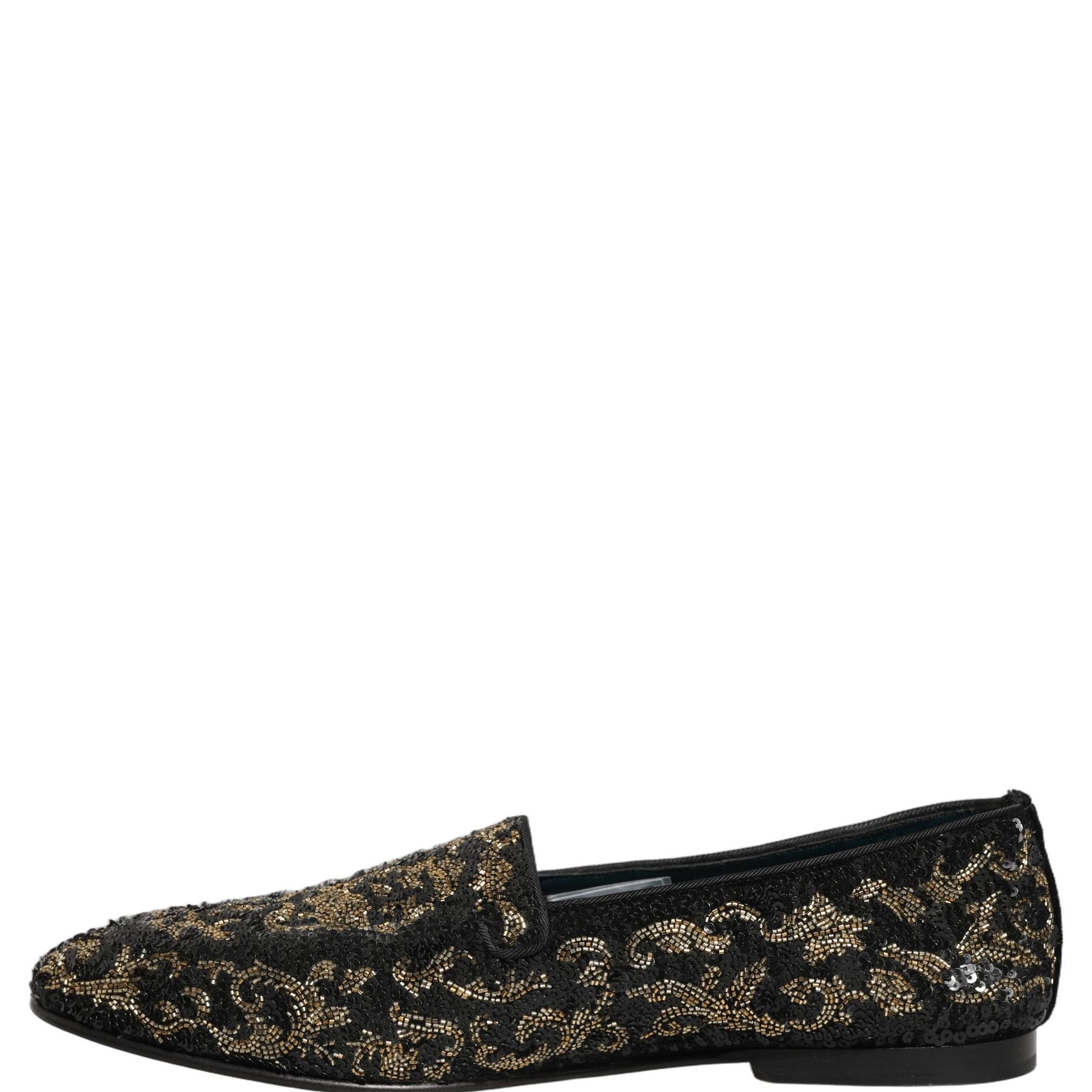 Dolce & Gabbana Black Gold Embellished Dress Loafers Shoes