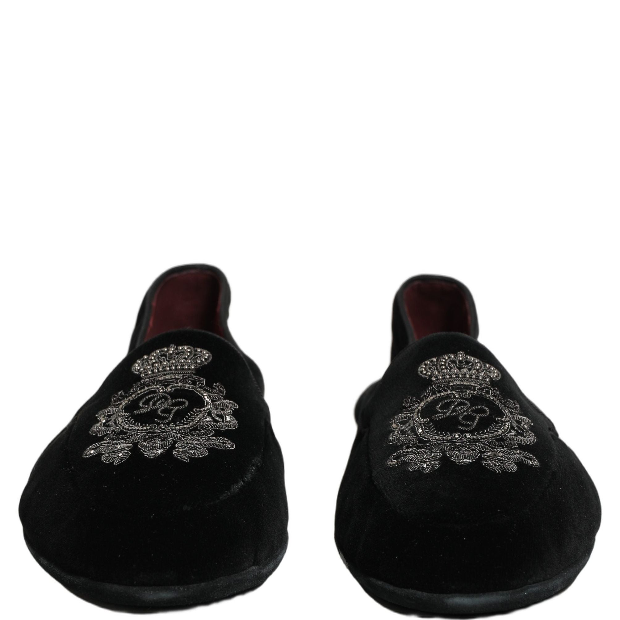 Dolce & Gabbana Black Velvet Crown Embroidery Loafers Shoes