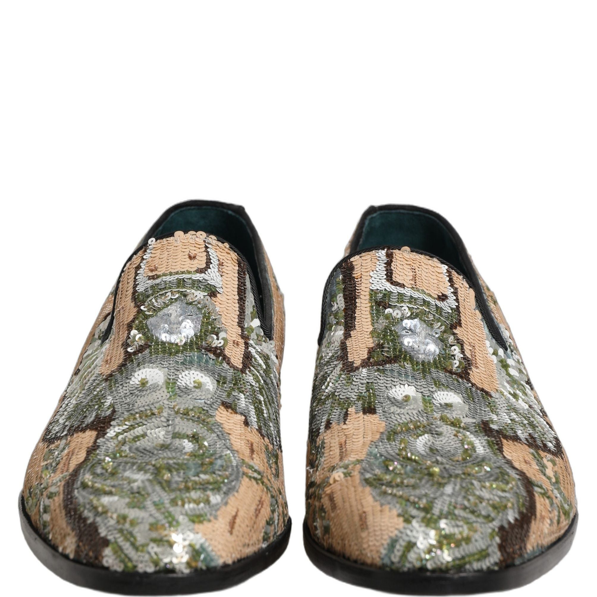Dolce & Gabbana Beige Sequin Embroidery Dress Loafers Shoes