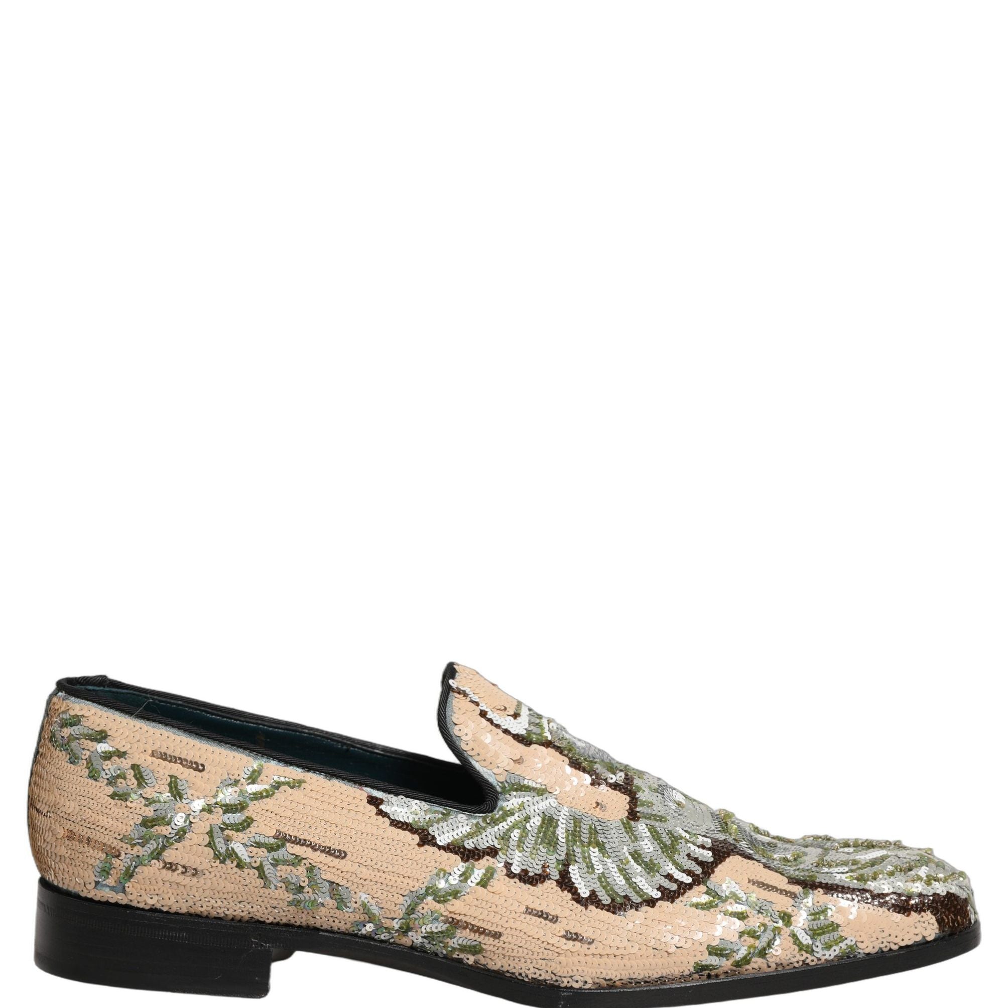 Dolce & Gabbana Beige Sequin Embroidery Dress Loafers Shoes