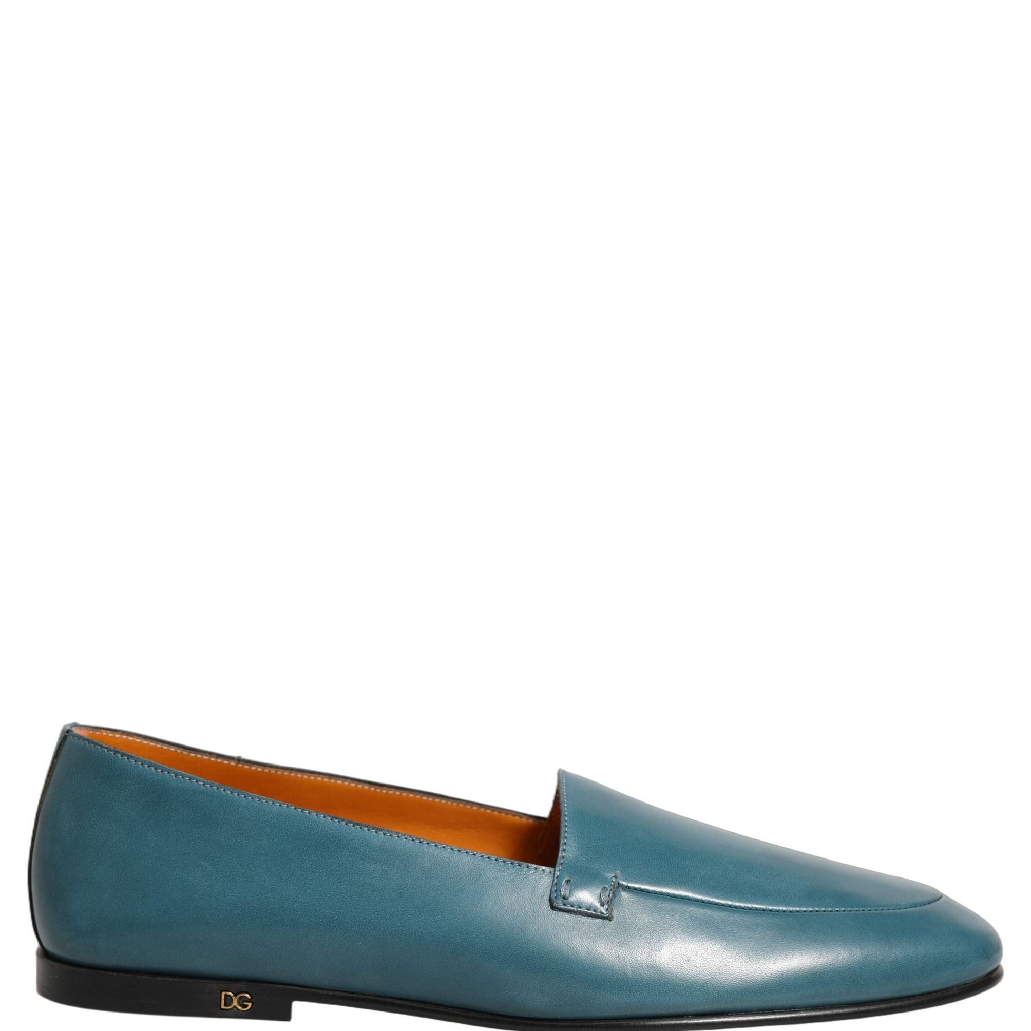 Dolce & Gabbana Blue Leather Logo Slip On Men Loafers Shoes