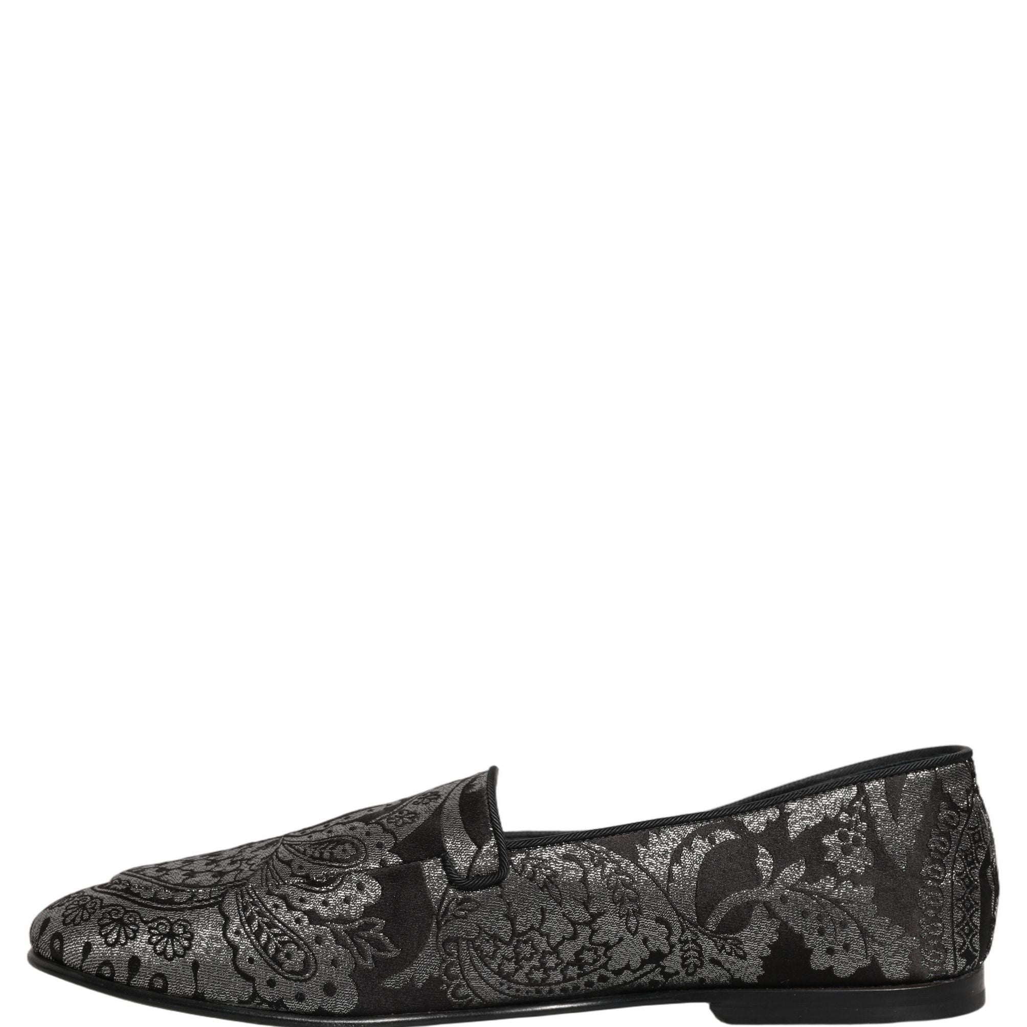 Dolce & Gabbana Silver Jacquard Leather Slip On Loafers Shoes