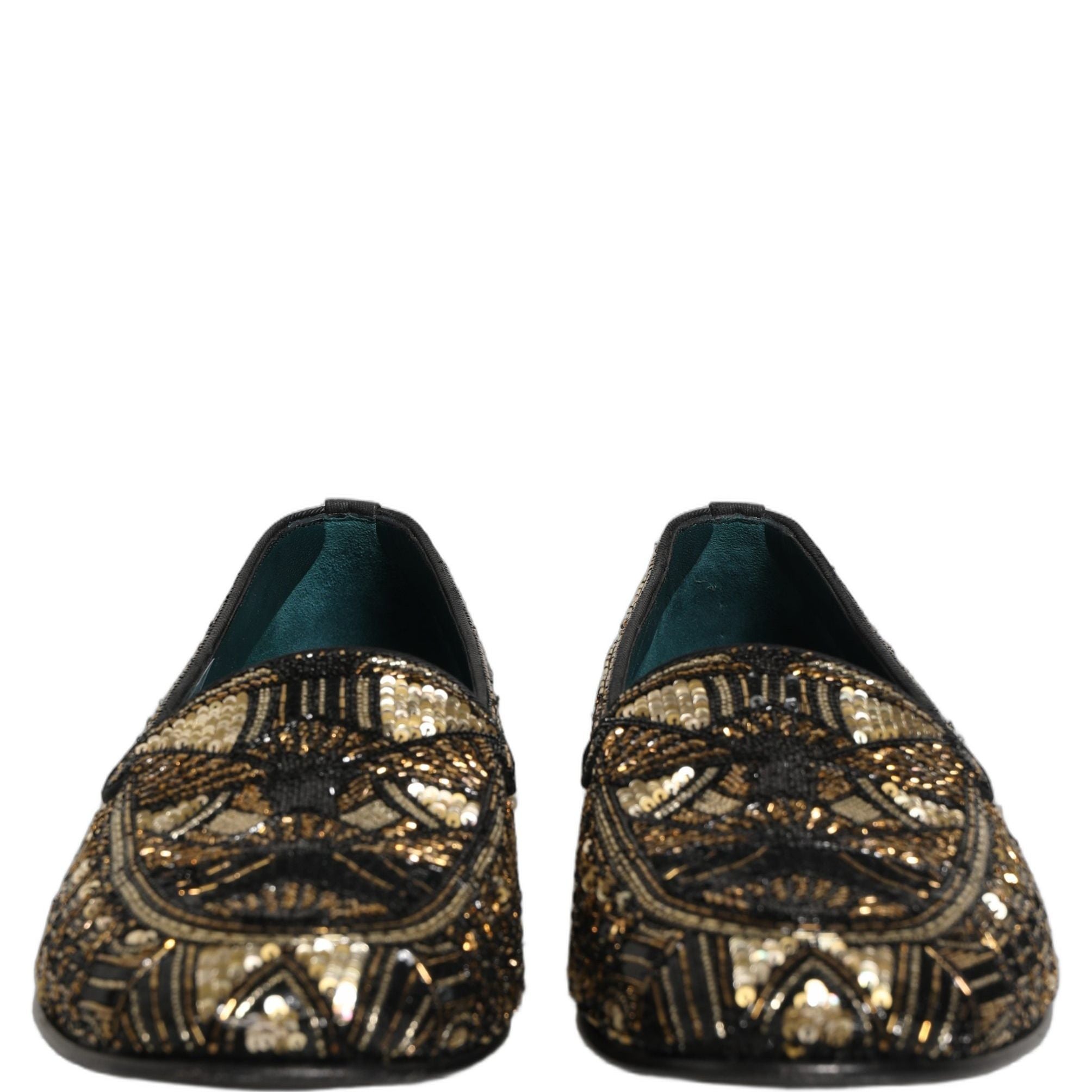 Dolce & Gabbana Black Gold Embellished Slip On Loafers Shoes