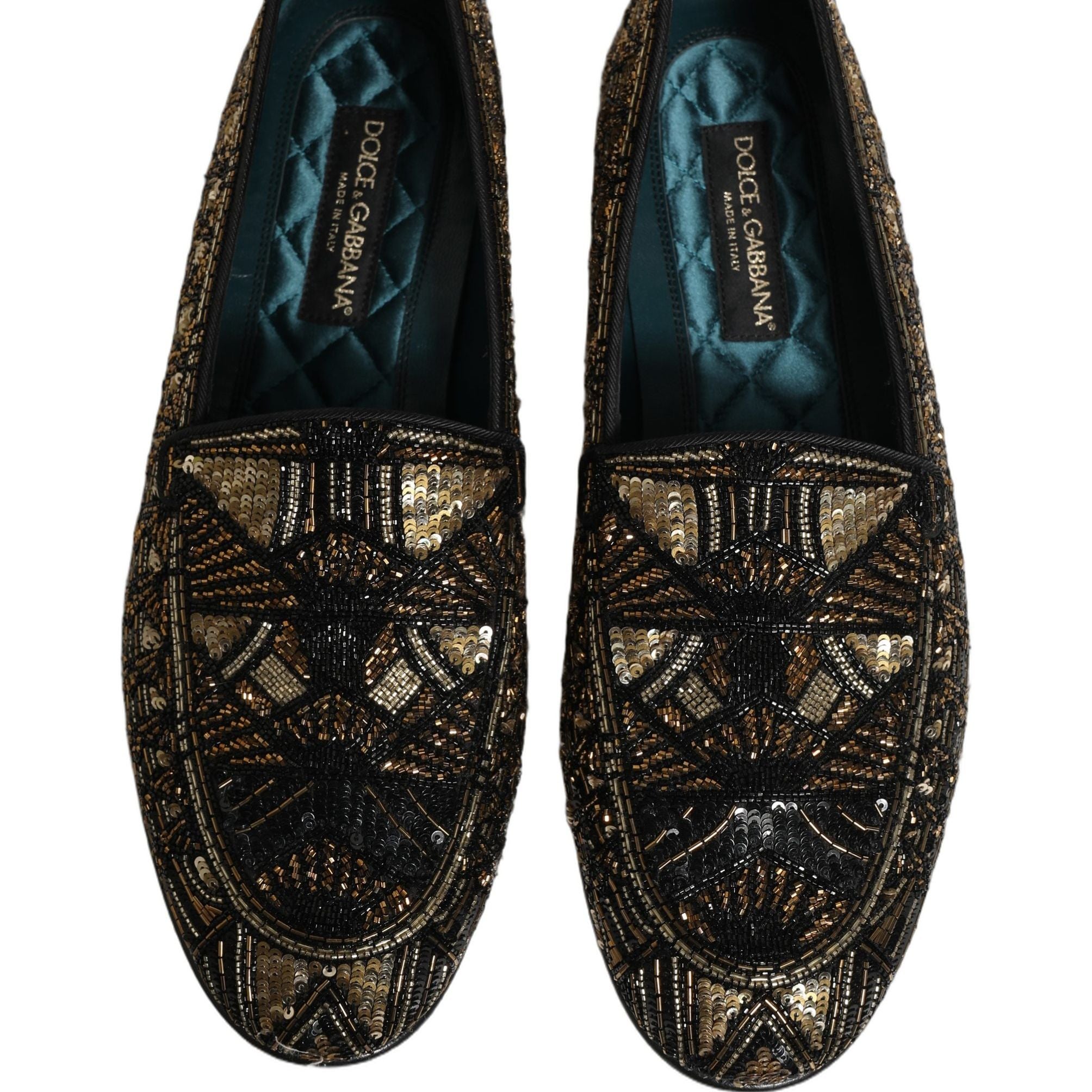 Dolce & Gabbana Black Gold Embellished Slip On Loafers Shoes