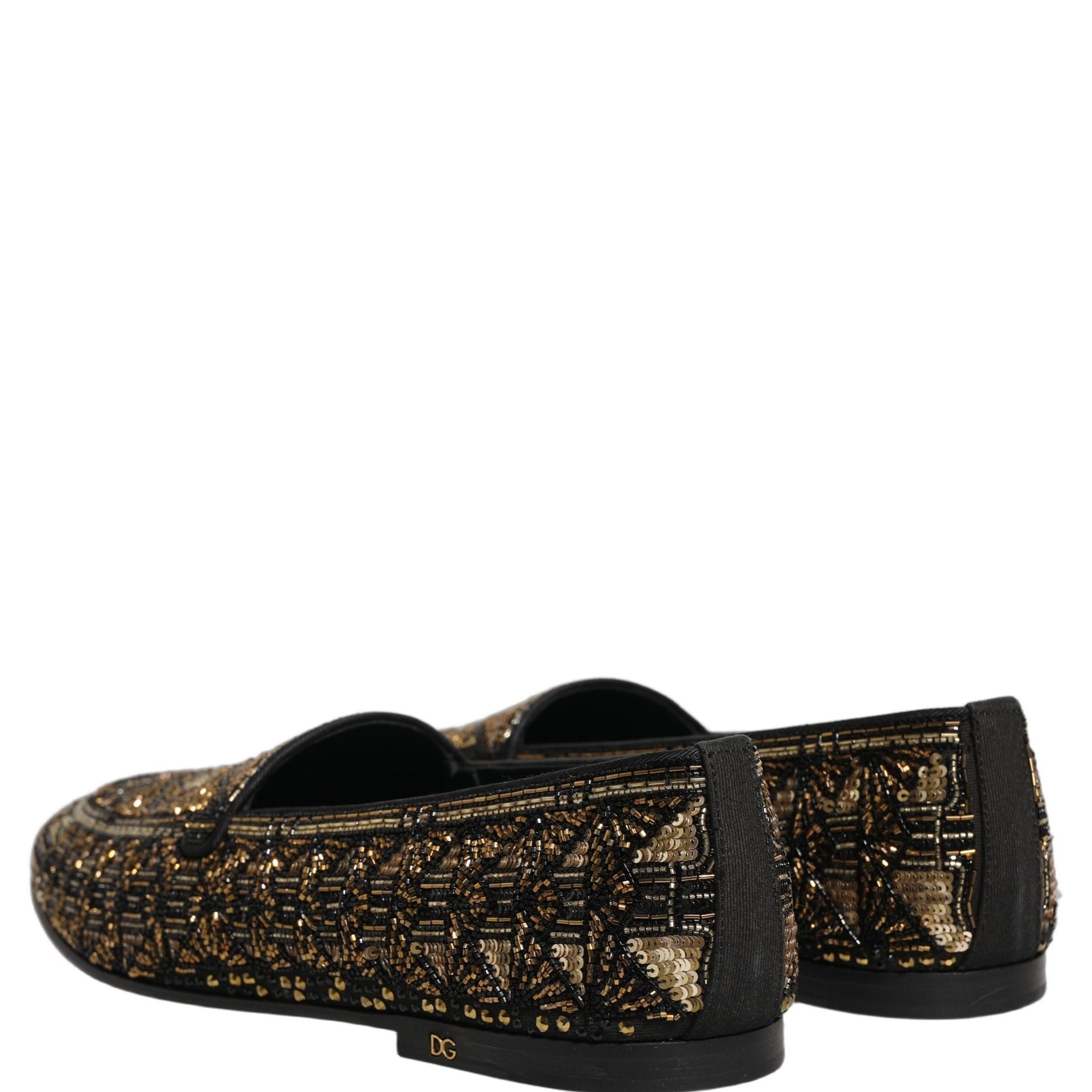 Dolce & Gabbana Black Gold Embellished Slip On Loafers Shoes