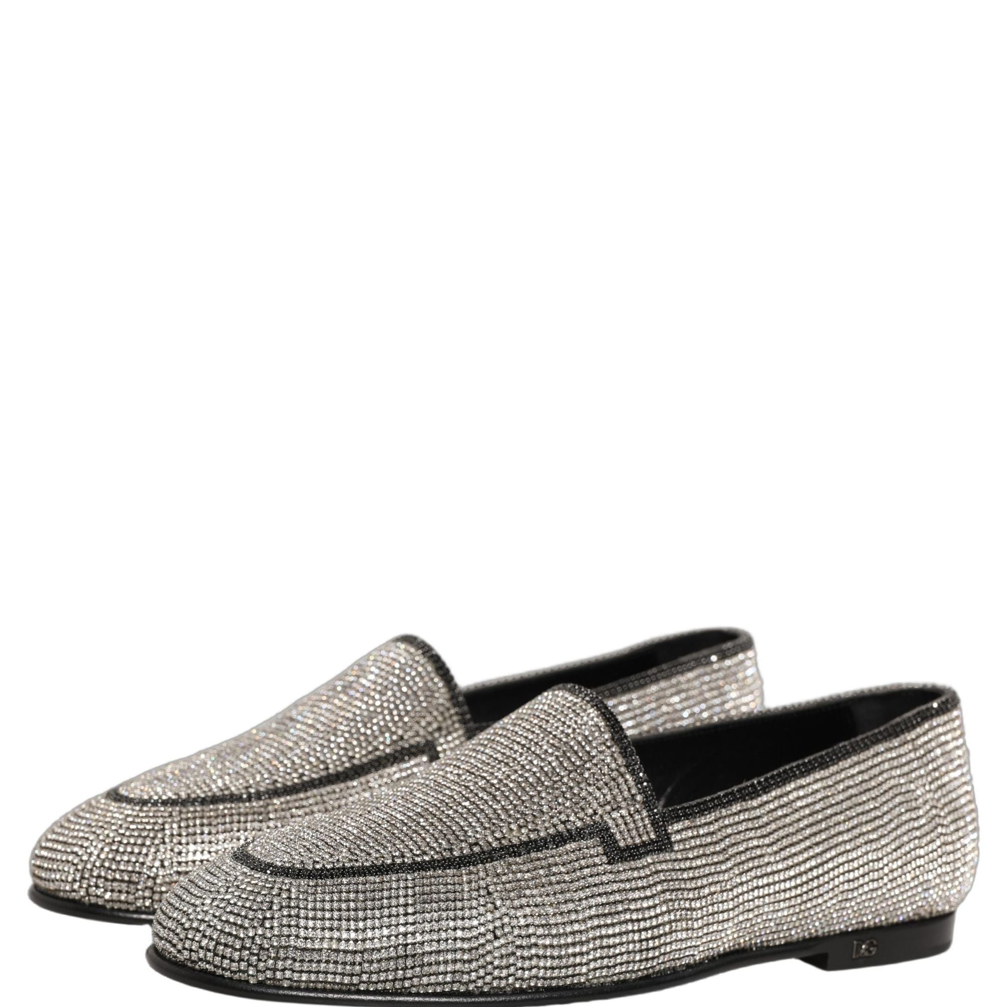 Dolce & Gabbana Silver Crystal Embellished Men Loafers Shoes