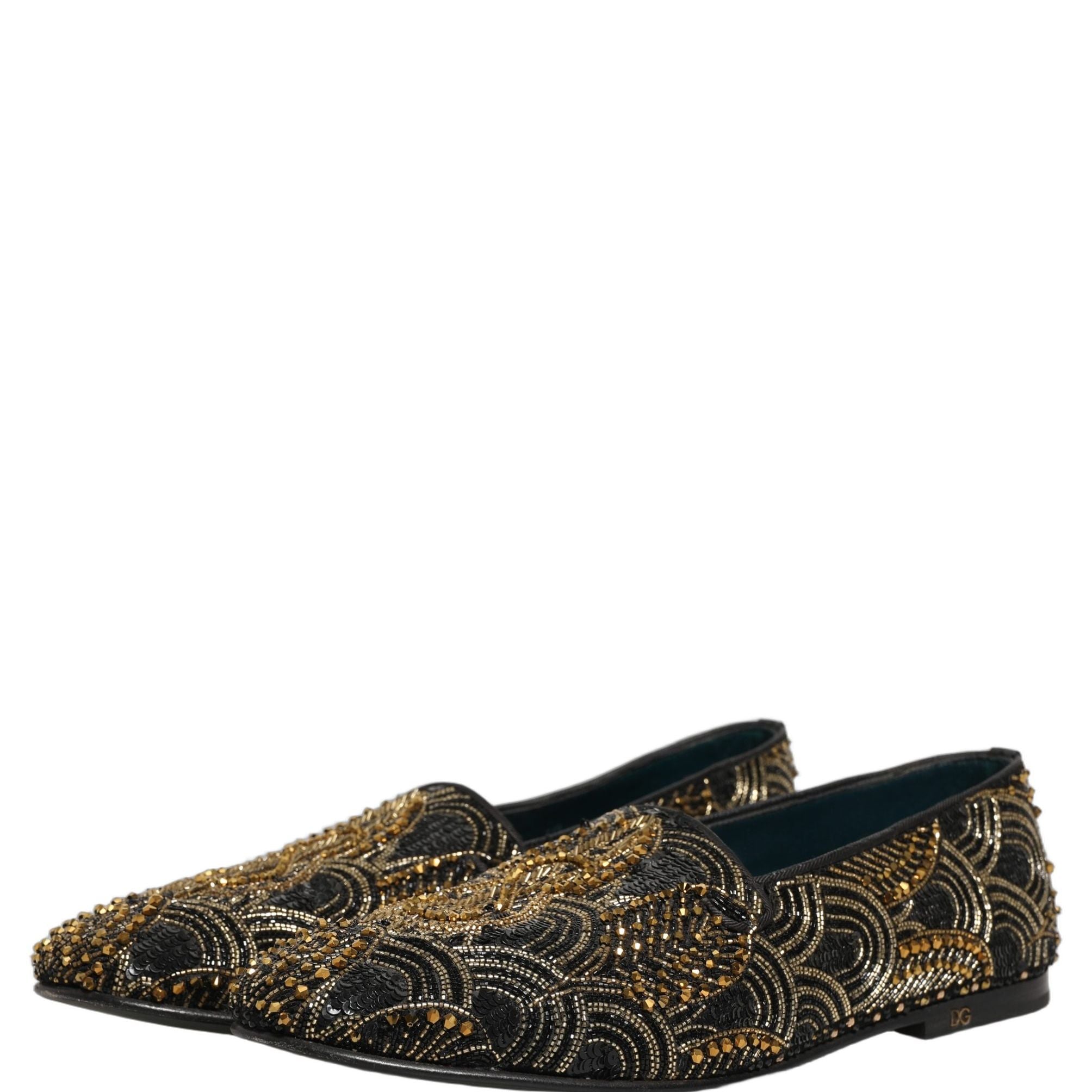 Dolce & Gabbana Black Gold Embellished Dress Loafers Shoes