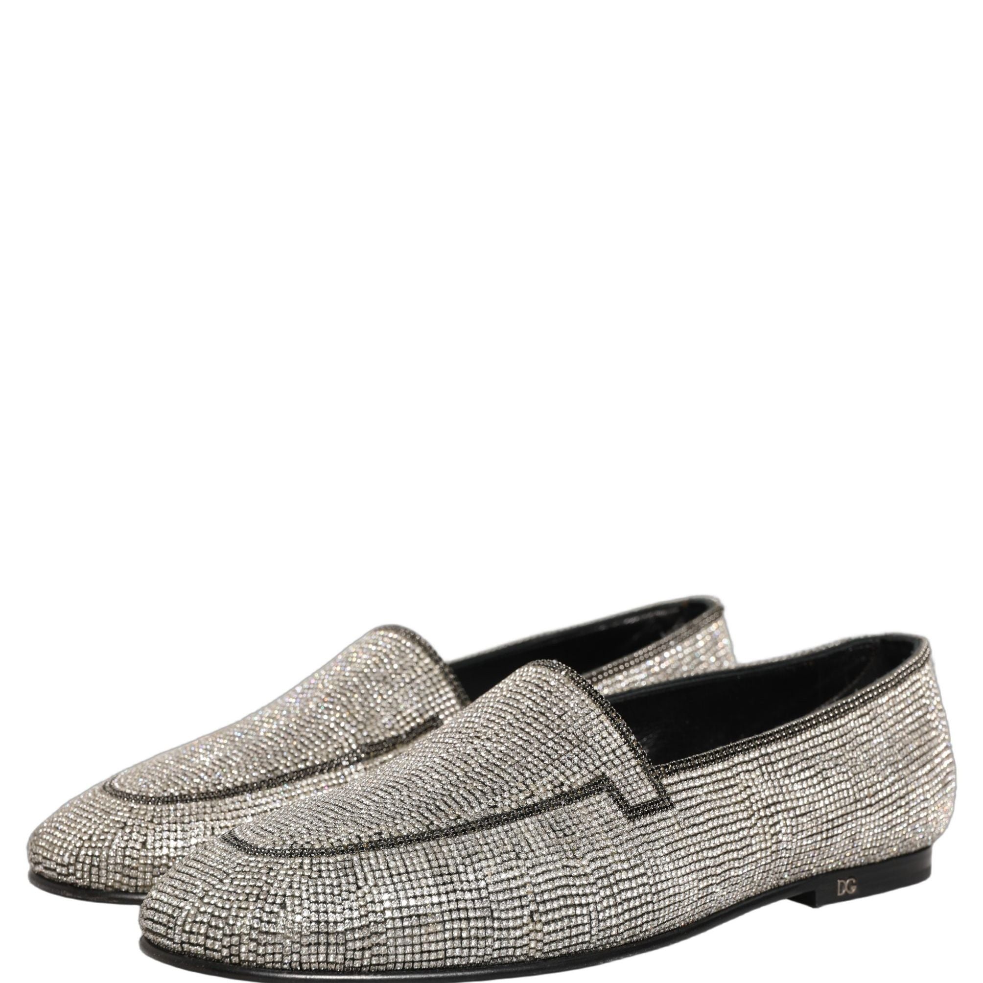 Dolce & Gabbana Silver Crystal Embellished Men Loafers Shoes