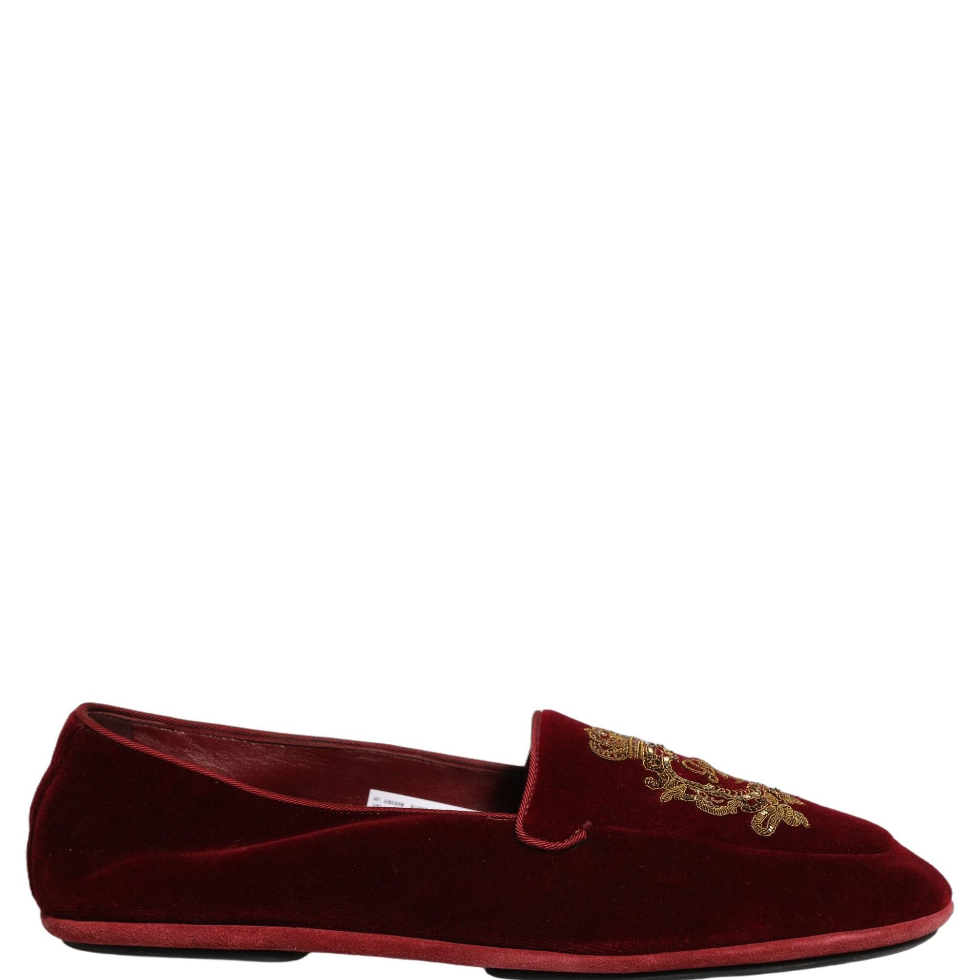 Dolce & Gabbana Maroon Velvet Crown Embroidery Loafers Shoes