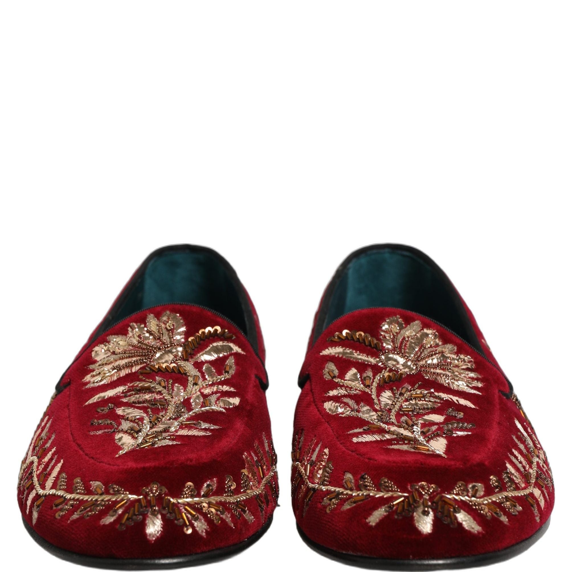 Dolce & Gabbana Red Velvet Floral Embroidery Loafers Shoes