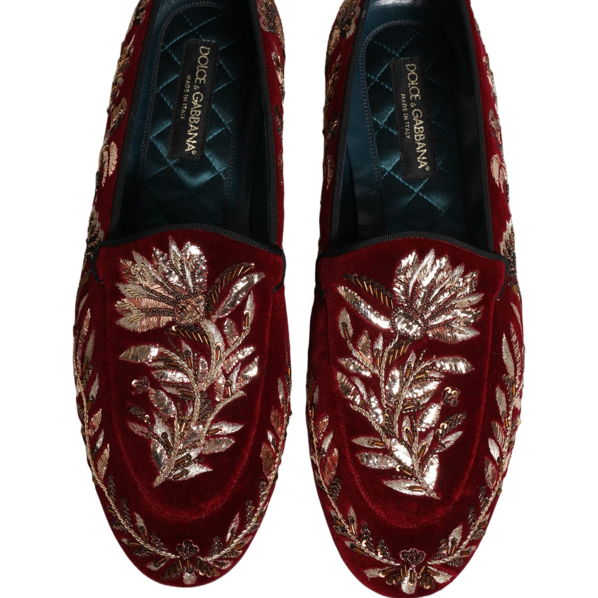 Dolce & Gabbana Red Velvet Floral Embroidery Loafers Shoes