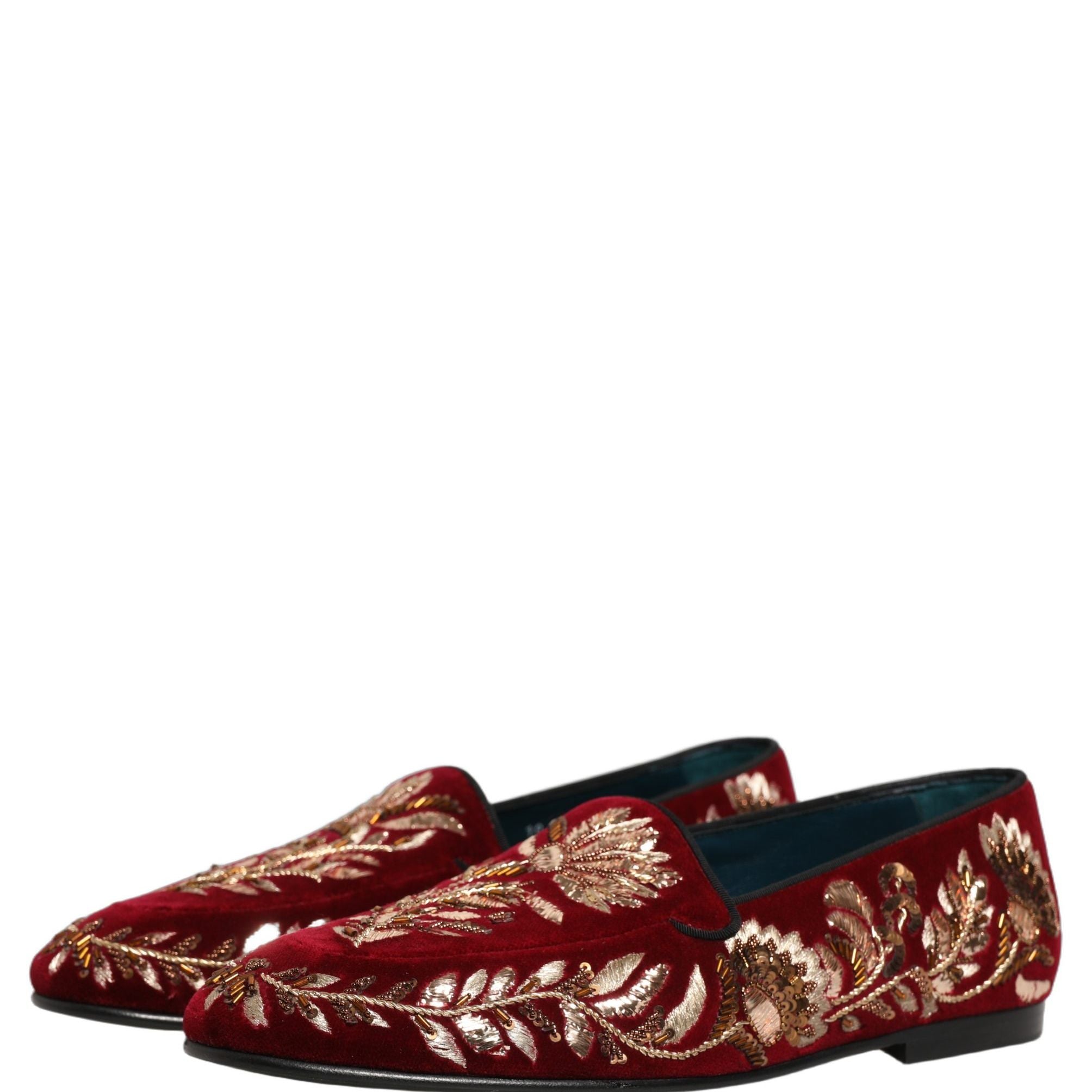 Dolce & Gabbana Red Velvet Floral Embroidery Loafers Shoes