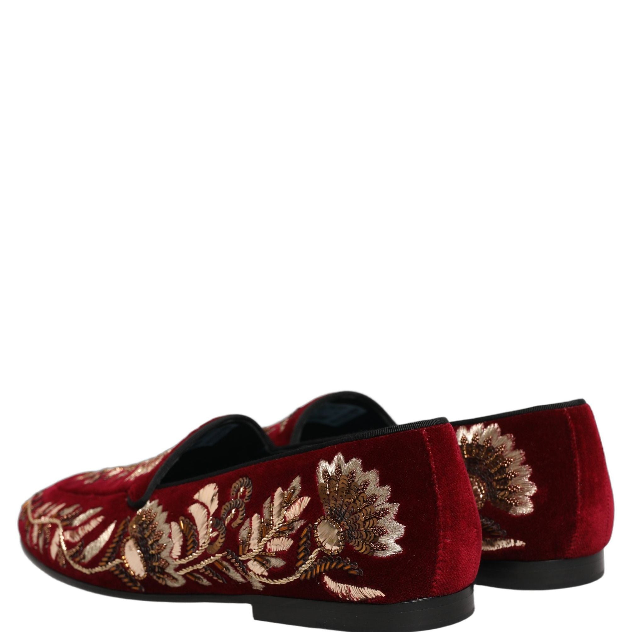 Dolce & Gabbana Red Velvet Floral Embroidery Loafers Shoes