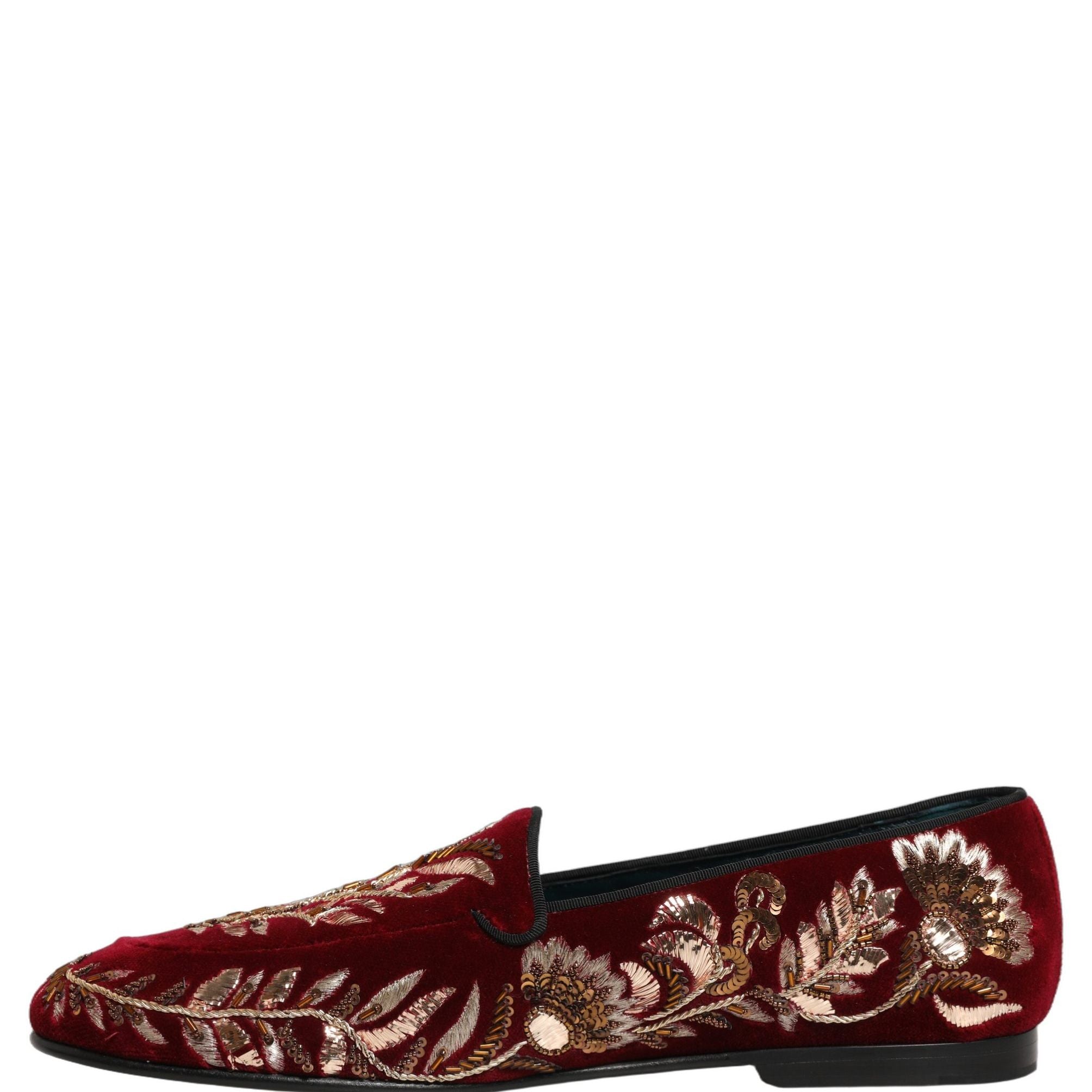 Dolce & Gabbana Red Velvet Floral Embroidery Loafers Shoes
