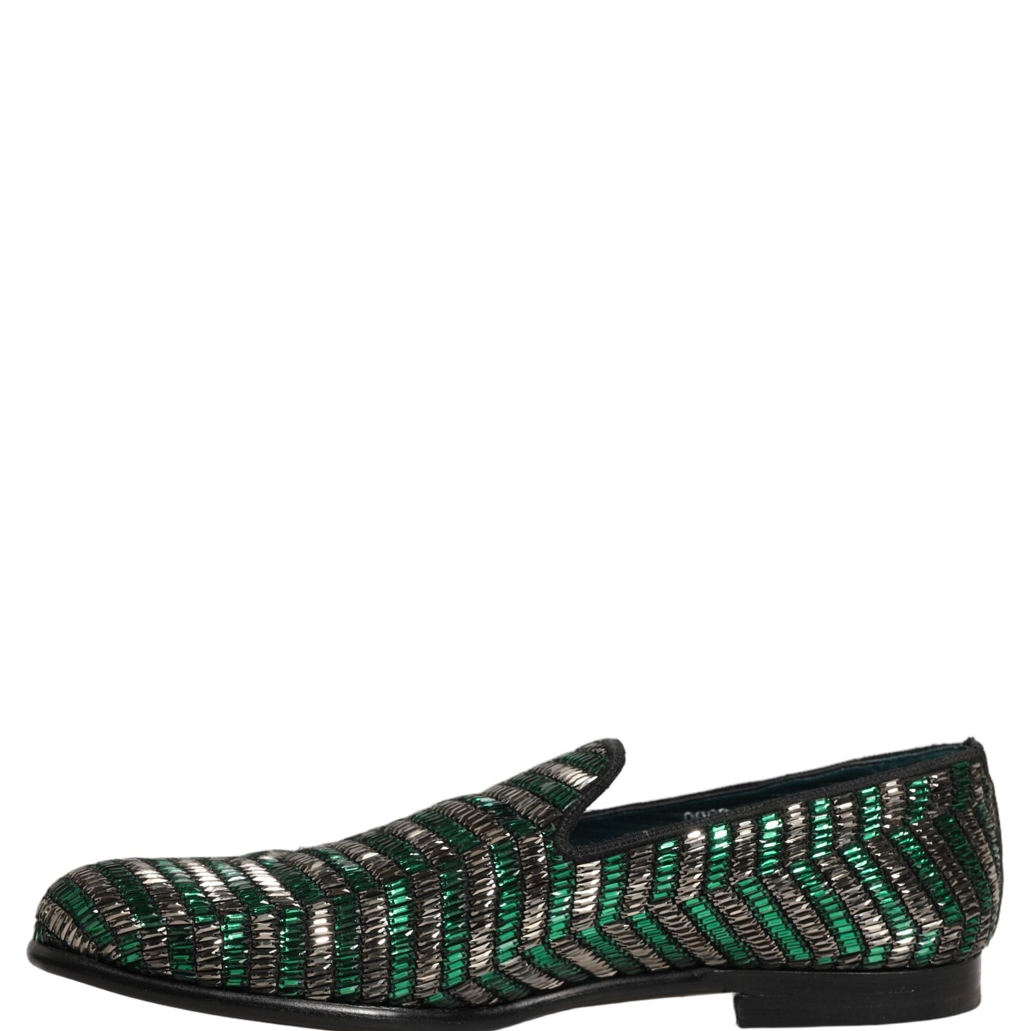 Dolce & Gabbana Silver Green Embellished Dress Loafers Shoes
