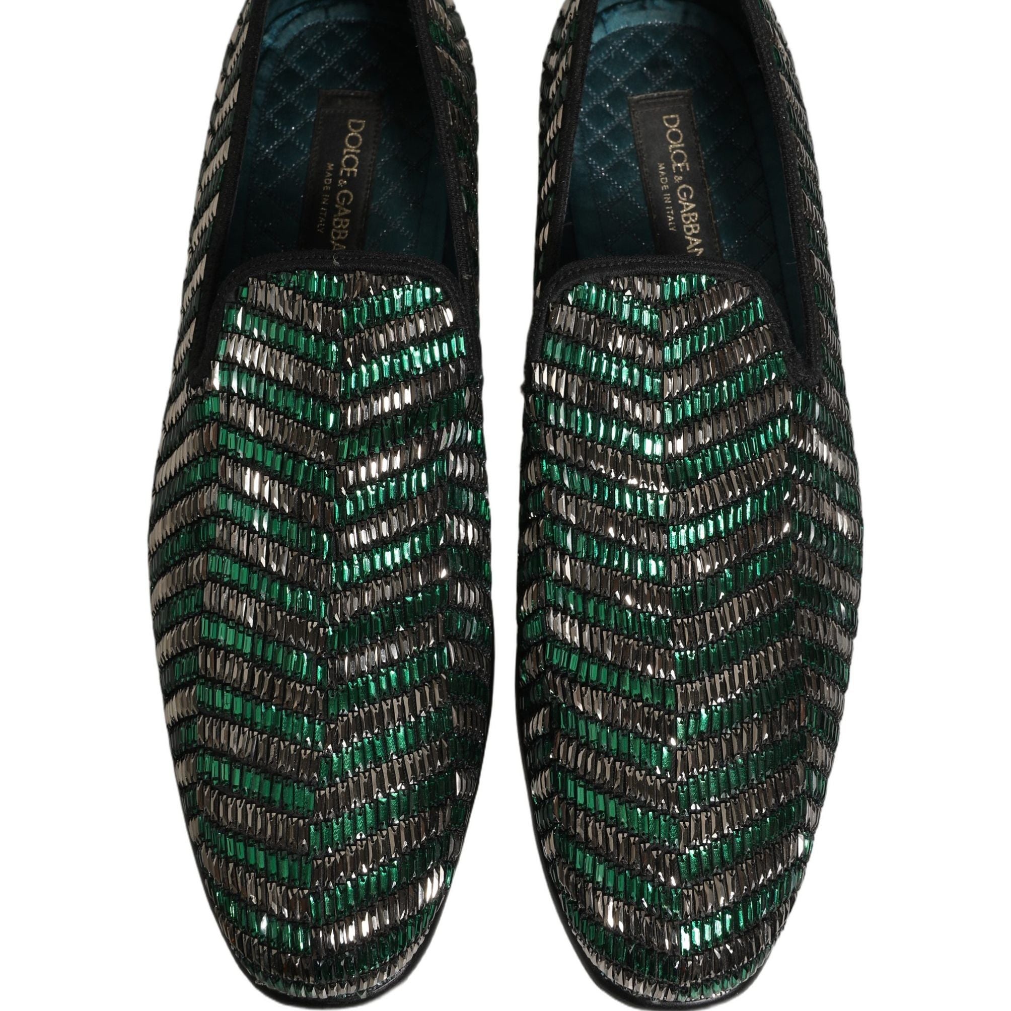 Dolce & Gabbana Silver Green Embellished Dress Loafers Shoes