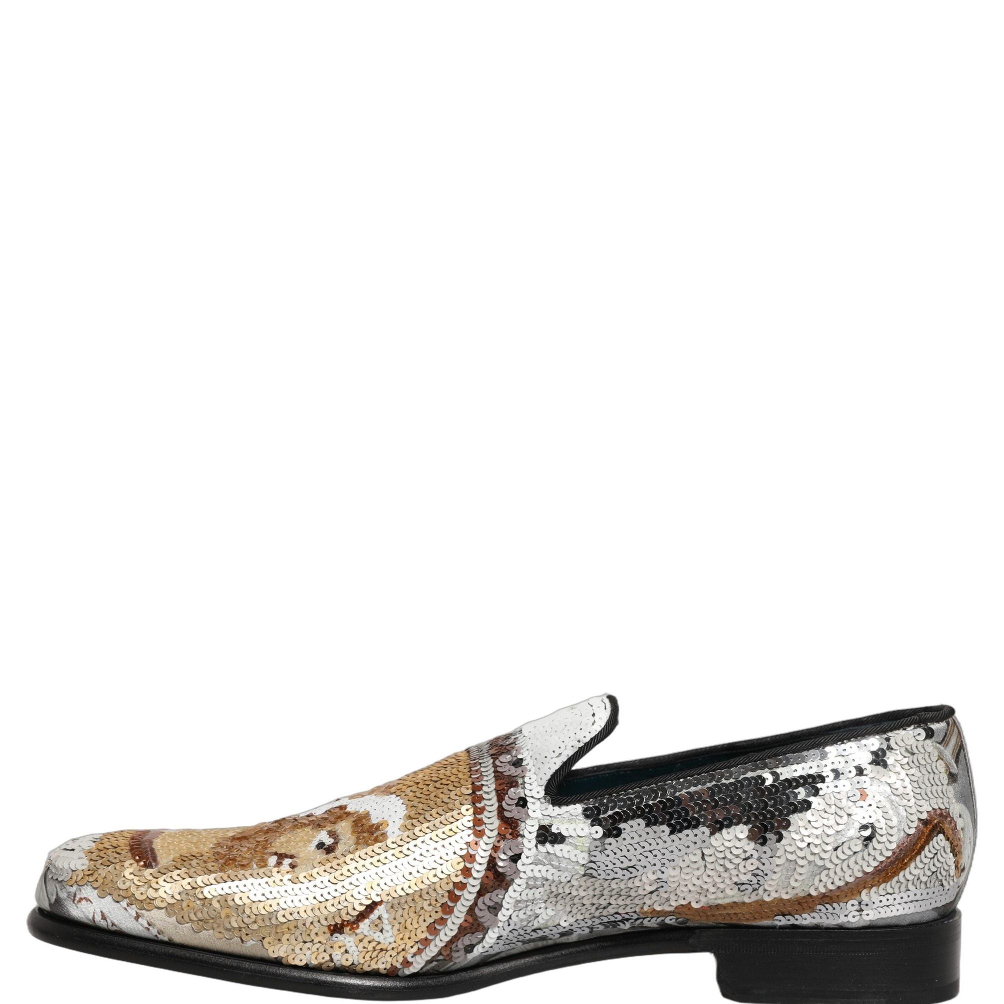 Dolce & Gabbana White Gold Sequined Slip On Loafers Shoes