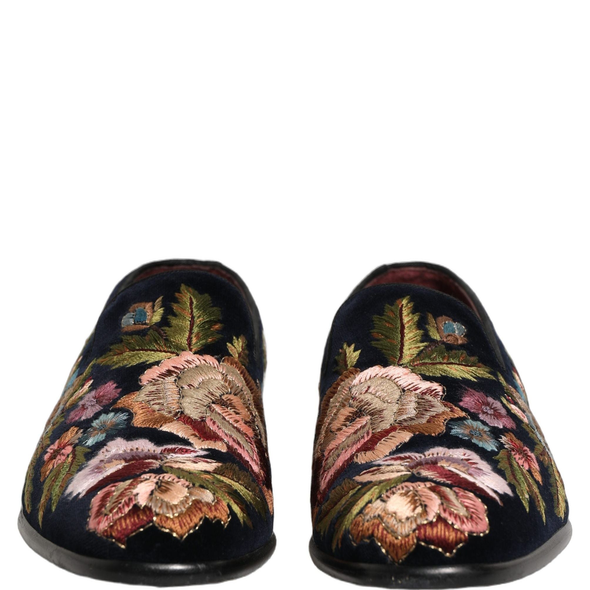 Dolce & Gabbana Black Velvet Floral Embroidery Loafers Shoes