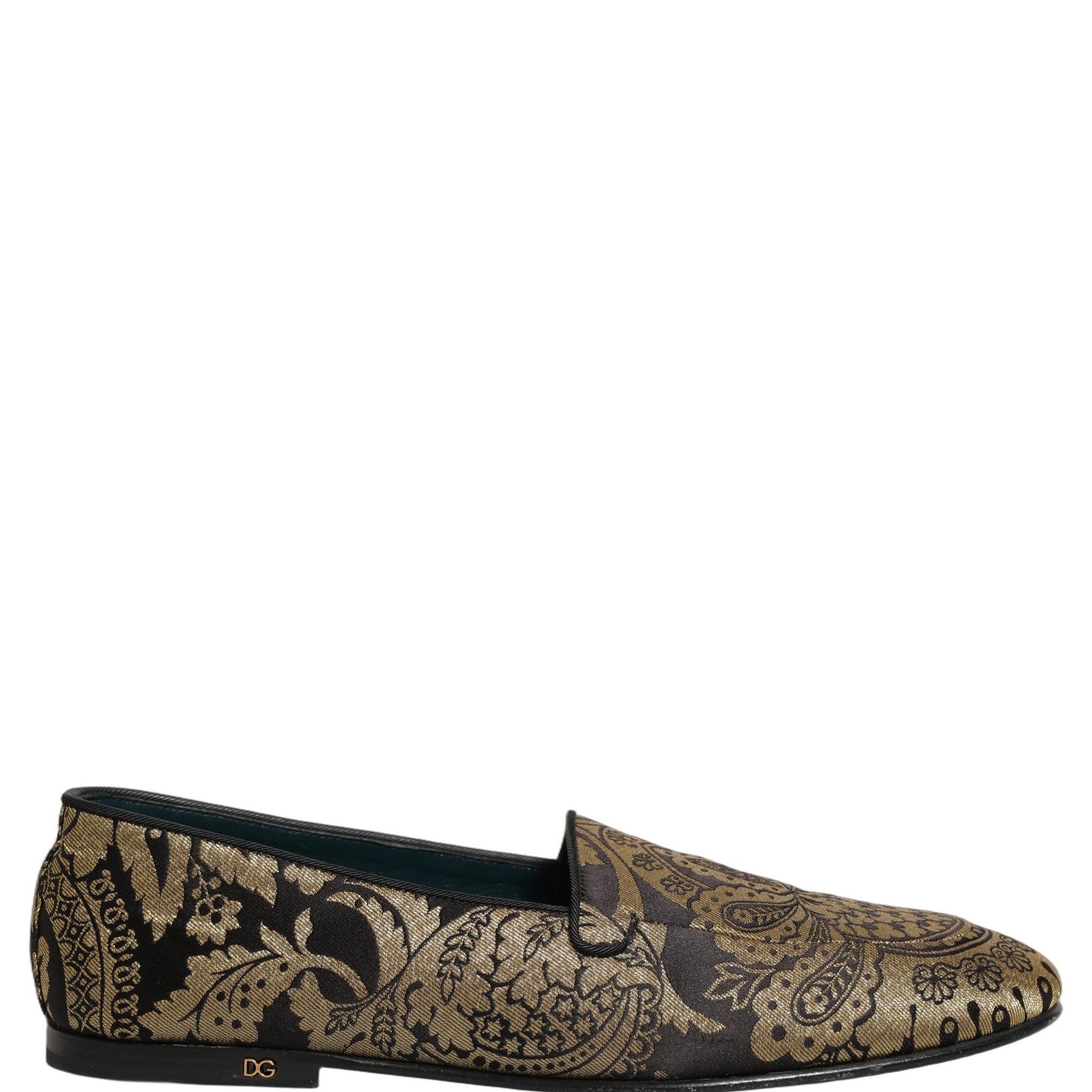 Dolce & Gabbana Gold Jacquard Leather Slip On Loafers Shoes