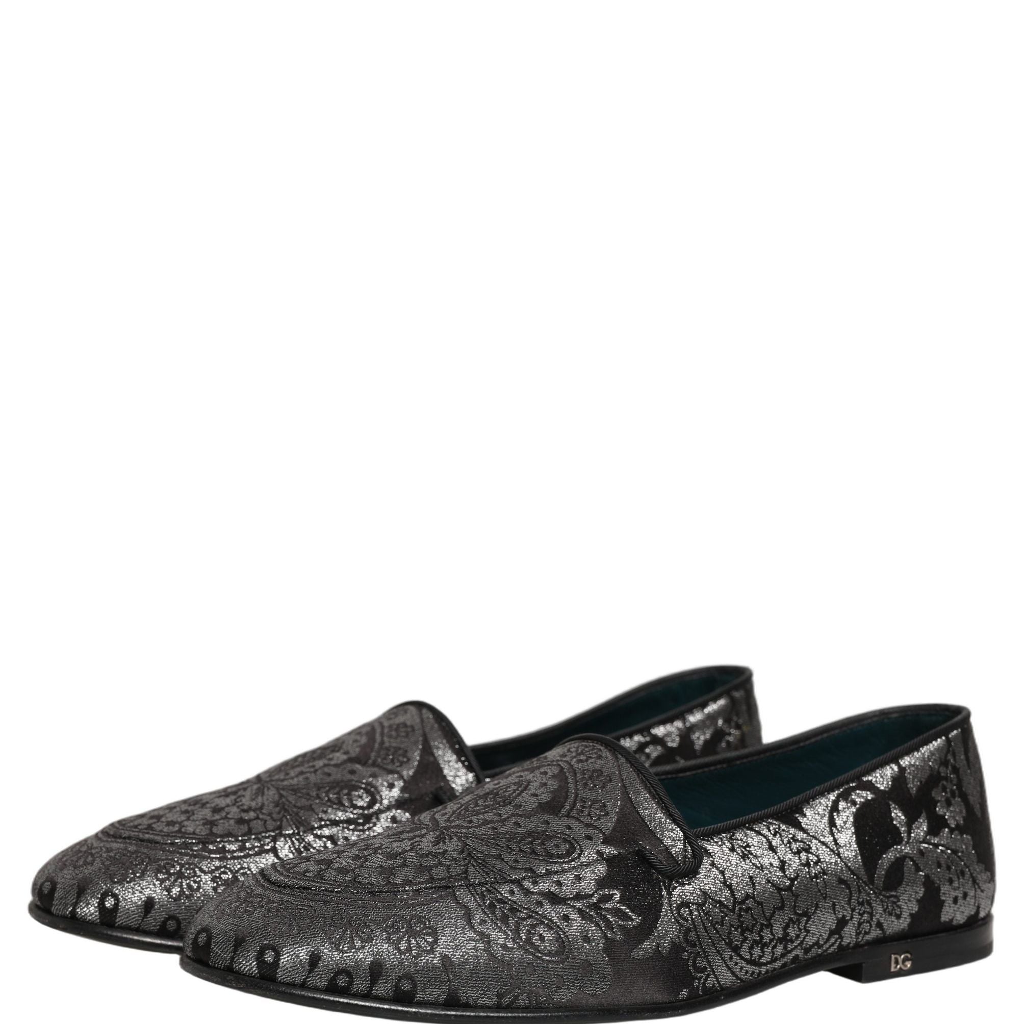 Dolce & Gabbana Silver Jacquard Leather Slip On Loafers Shoes