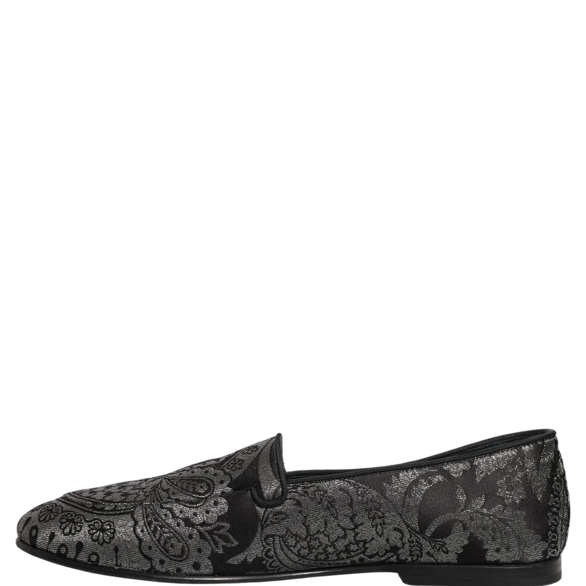 Dolce & Gabbana Silver Jacquard Leather Slip On Loafers Shoes