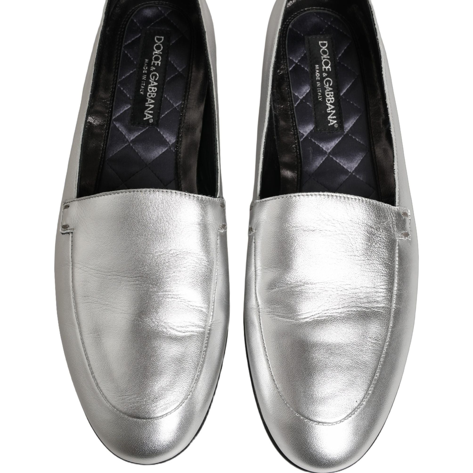Dolce & Gabbana Silver Leather DG Logo Slip On Loafers Shoes