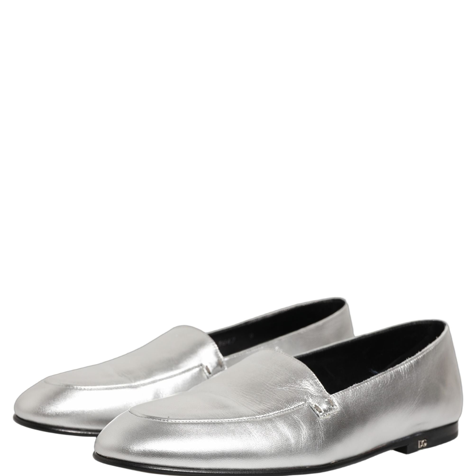 Dolce & Gabbana Silver Leather DG Logo Slip On Loafers Shoes