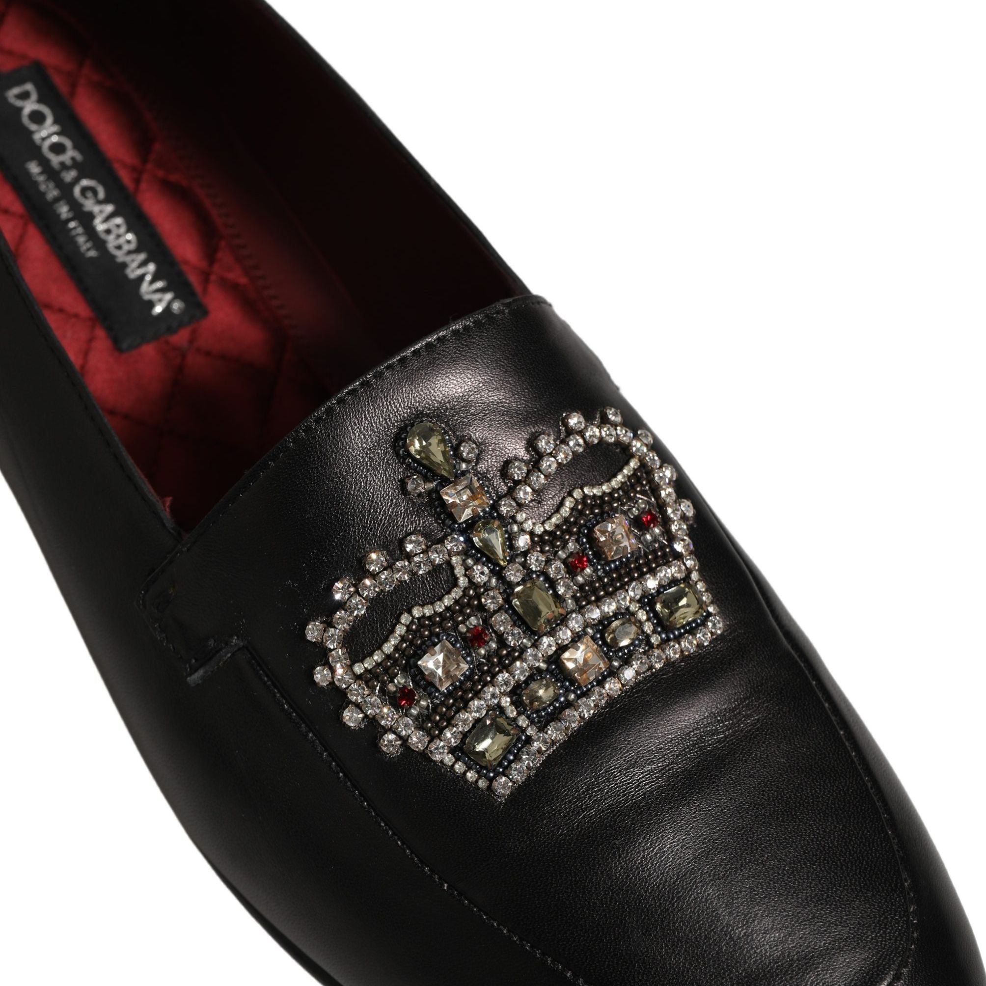 Dolce & Gabbana Black Leather Crown Embellished Loafers Shoes