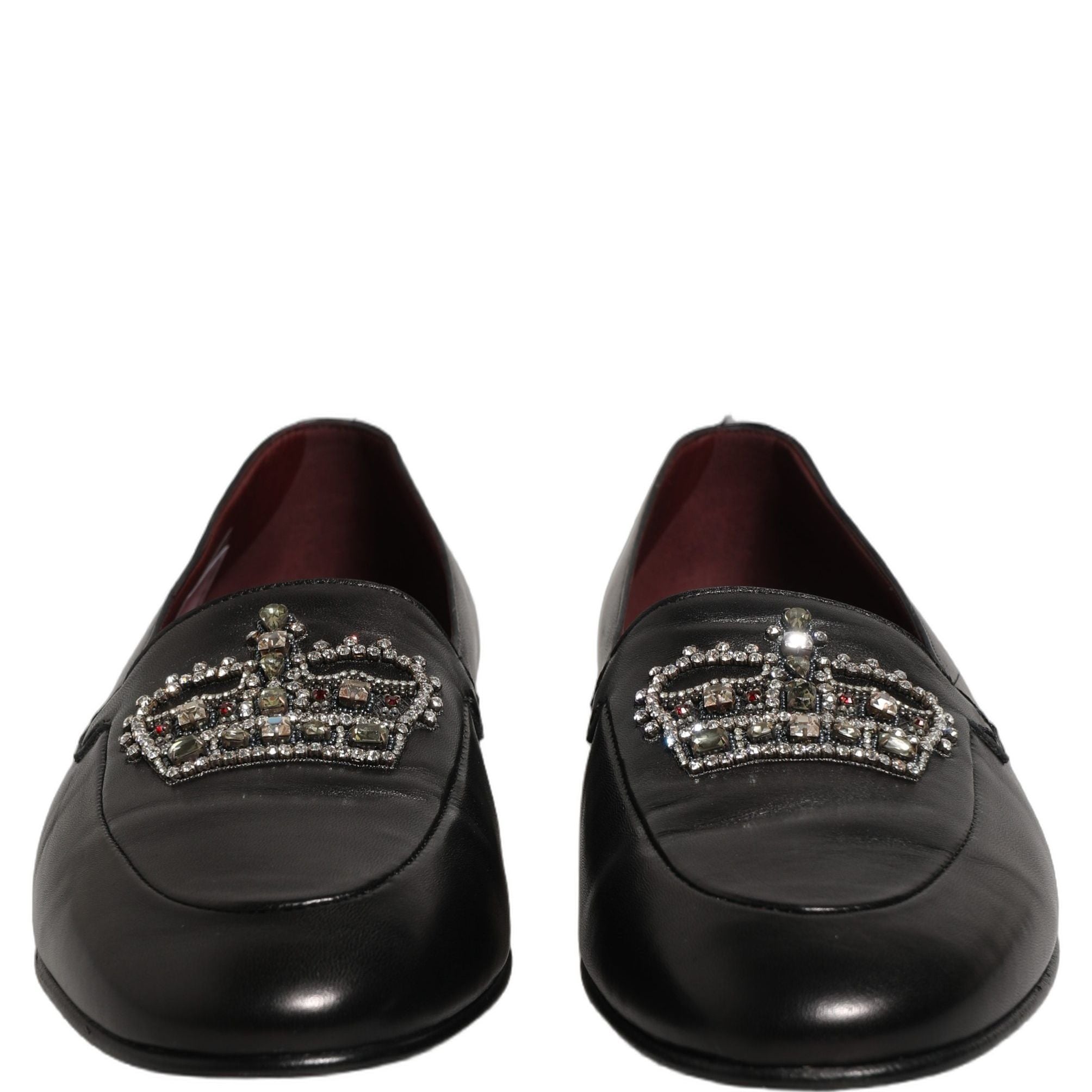 Dolce & Gabbana Black Leather Crown Embellished Loafers Shoes