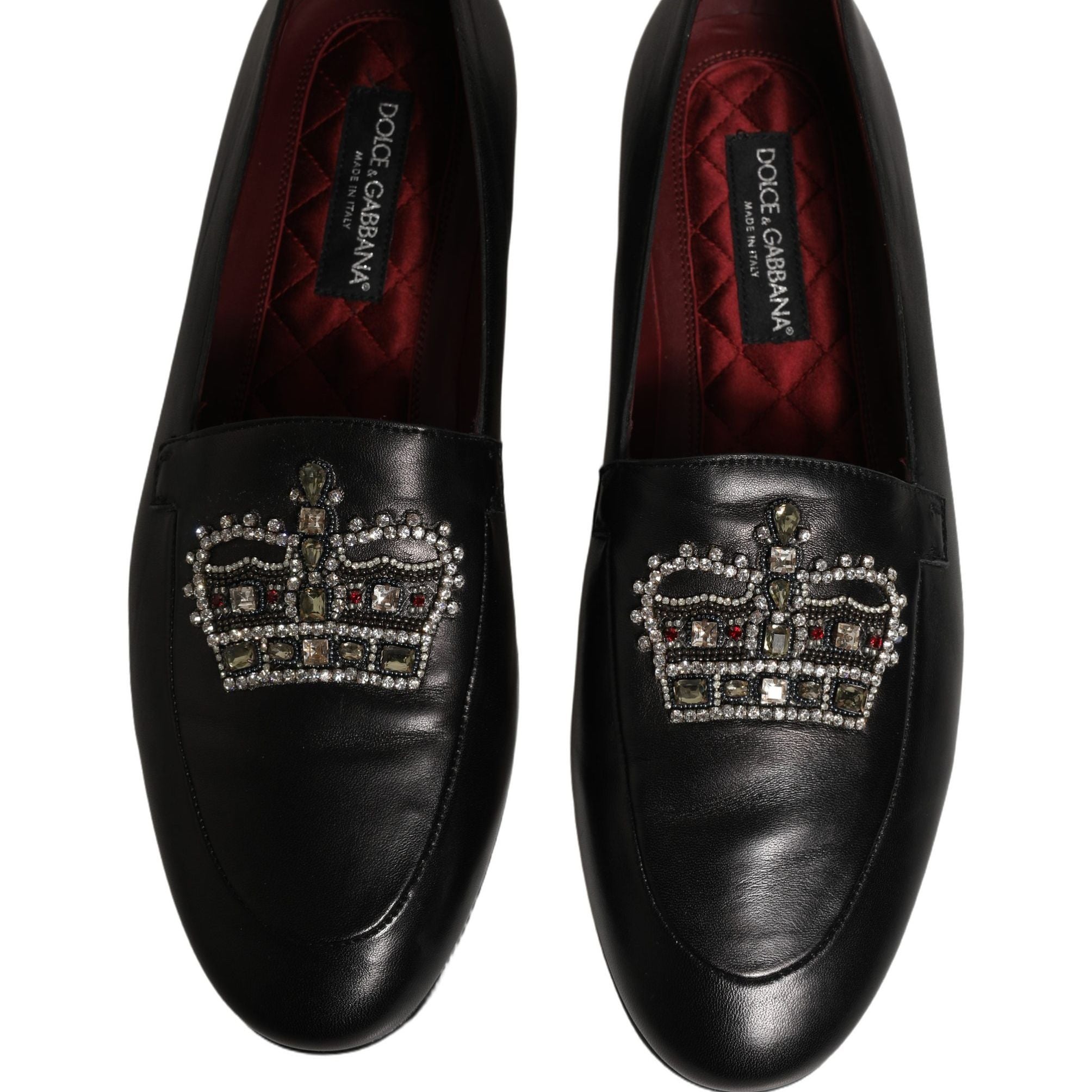 Dolce & Gabbana Black Leather Crown Embellished Loafers Shoes