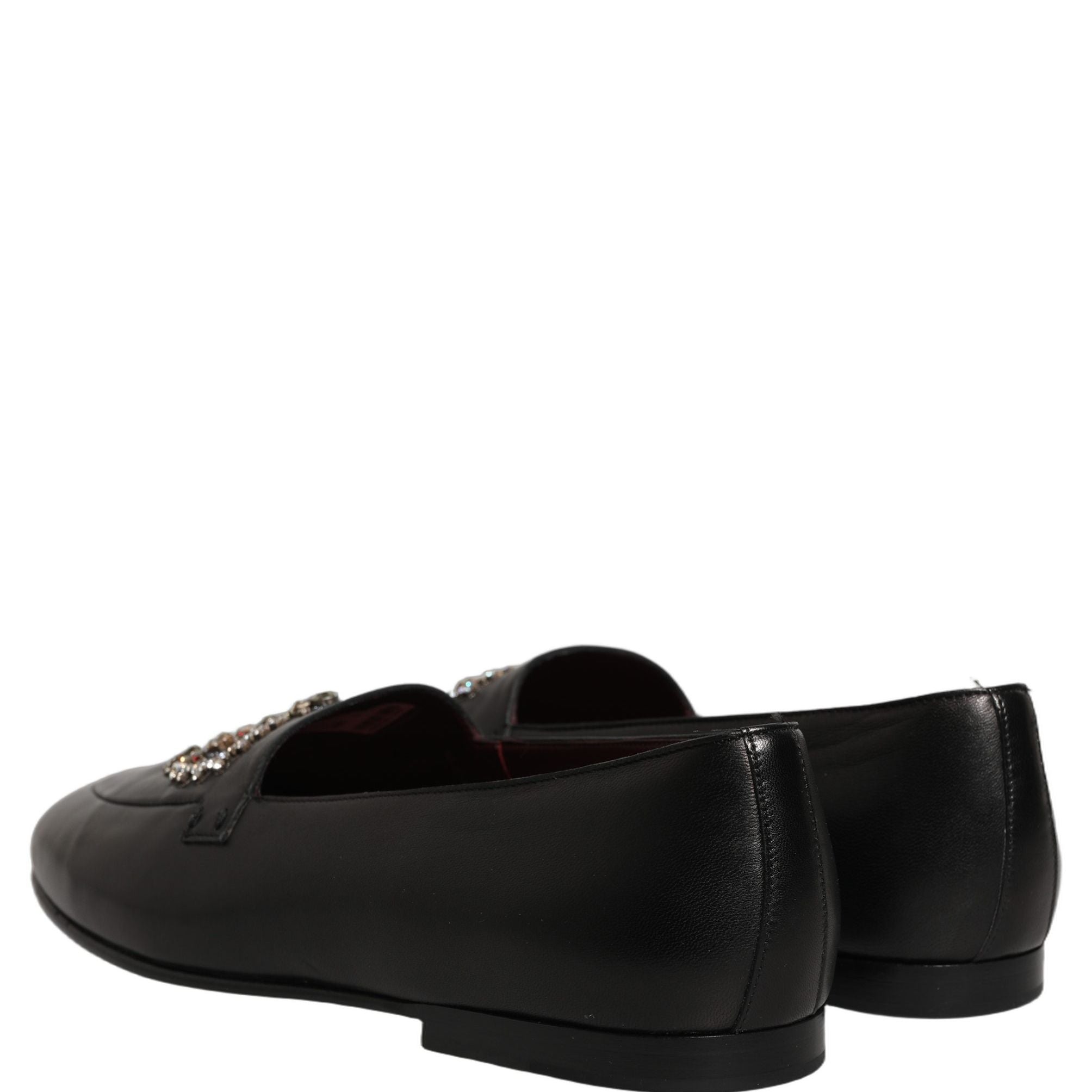 Dolce & Gabbana Black Leather Crown Embellished Loafers Shoes