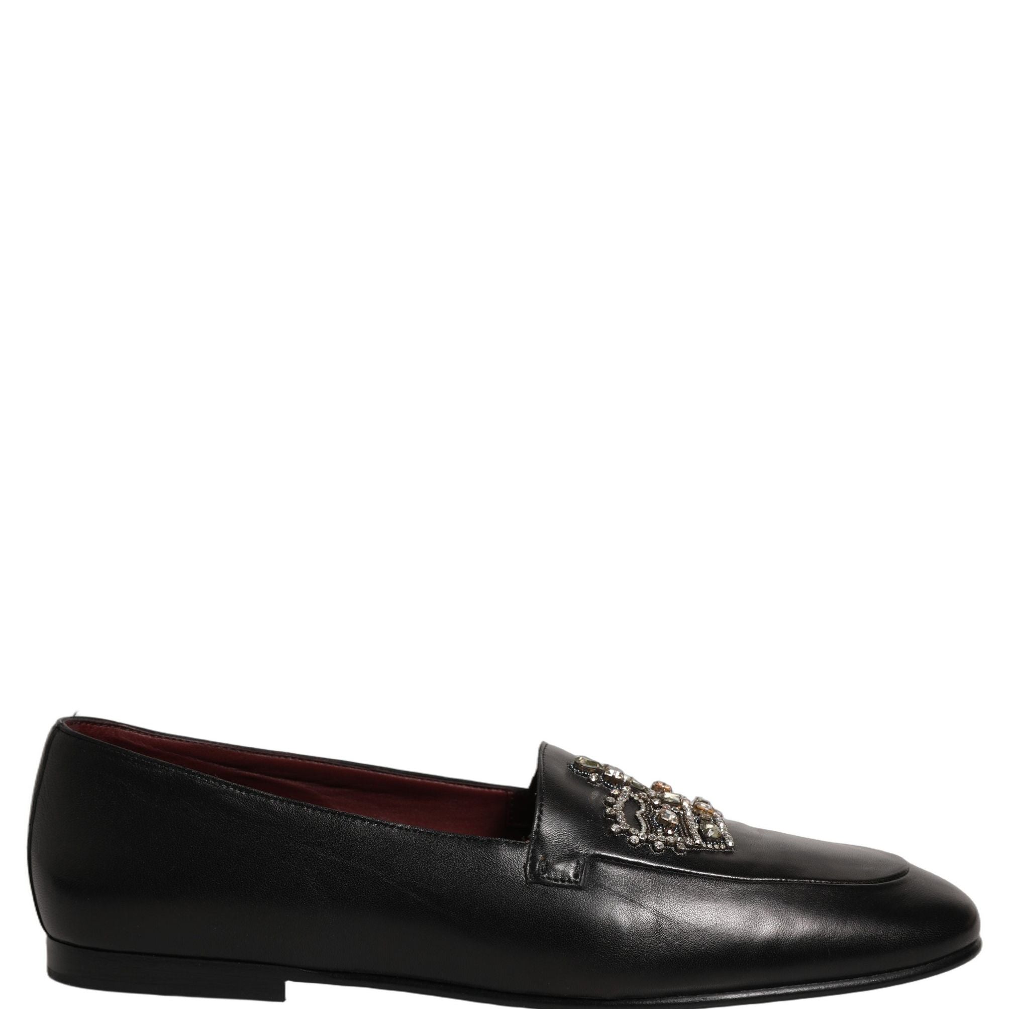 Dolce & Gabbana Black Leather Crown Embellished Loafers Shoes