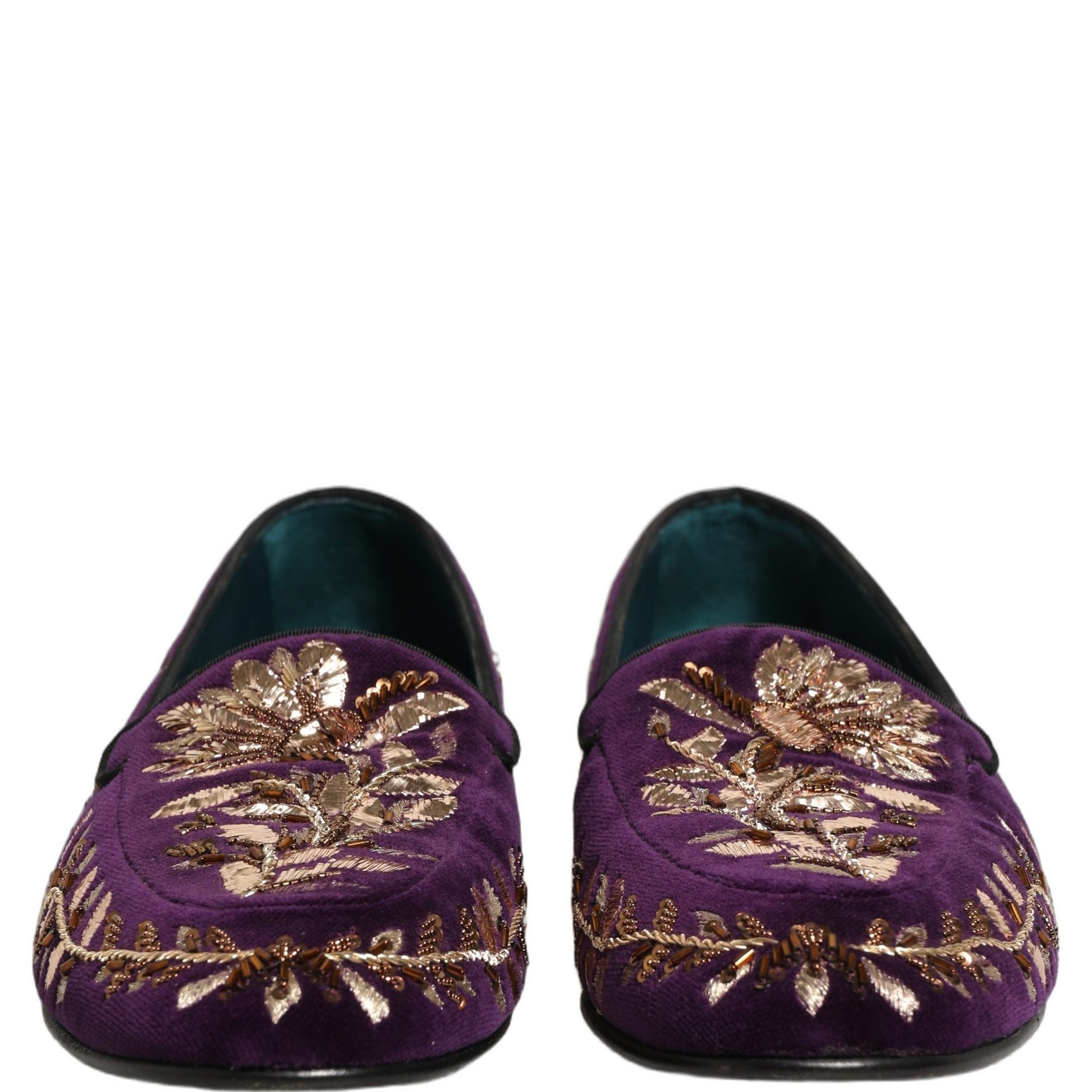 Dolce & Gabbana Violet Velvet Floral Embroidery Loafers Shoes