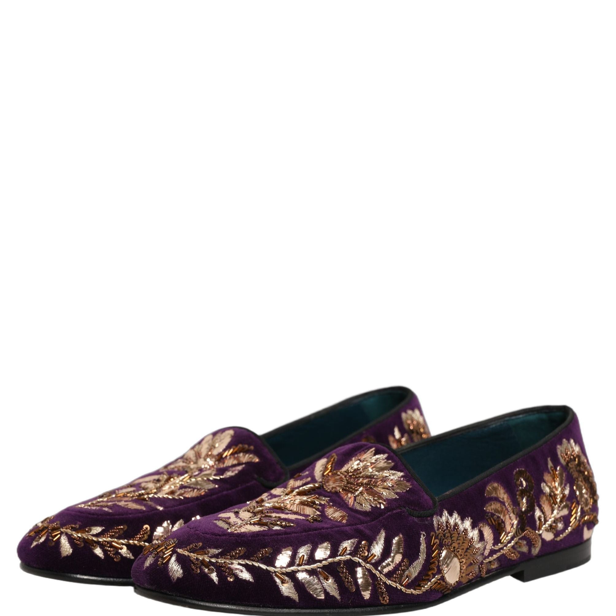 Dolce & Gabbana Violet Velvet Floral Embroidery Loafers Shoes