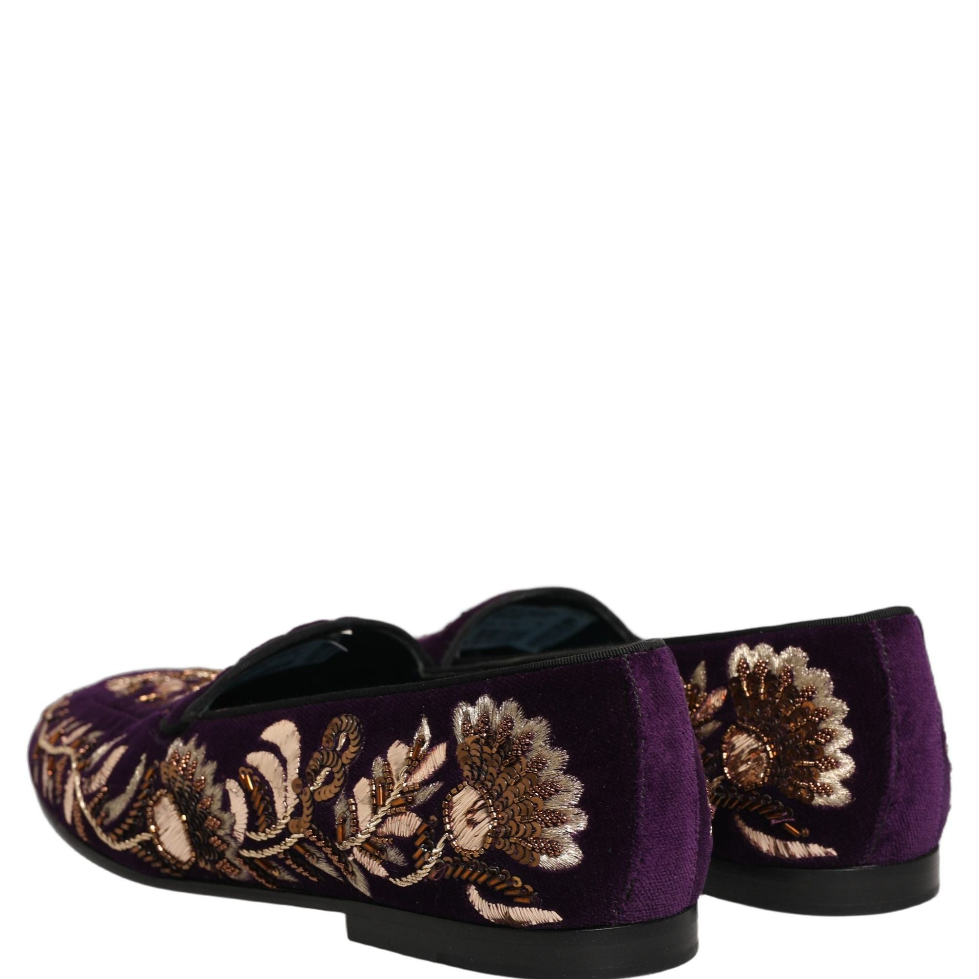 Dolce & Gabbana Violet Velvet Floral Embroidery Loafers Shoes