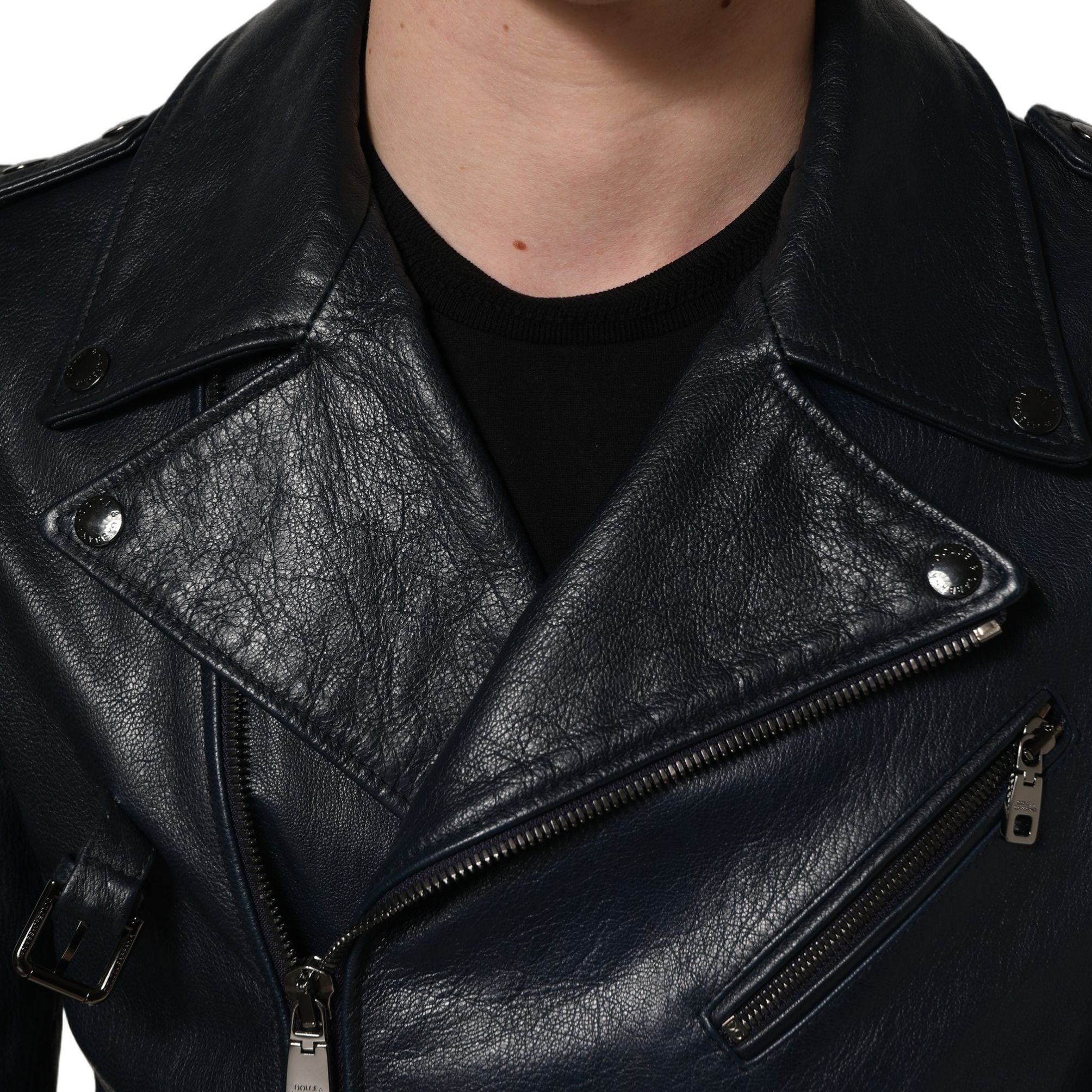 Dolce & Gabbana Black Leather Men Biker Coat Goatskin Jacket