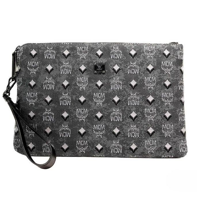 MCM Veritas Medium Dark Grey Denim Monogram Logo Canvas Clutch Pouch Handbag