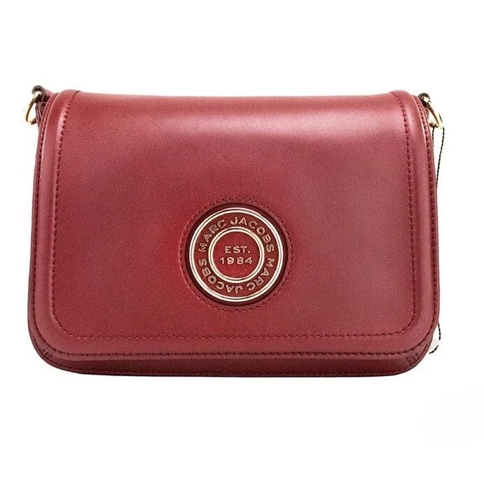 Marc Jacobs Medium Metal Signet Syrah Smooth Leather Flap Crossbody Purse Bag