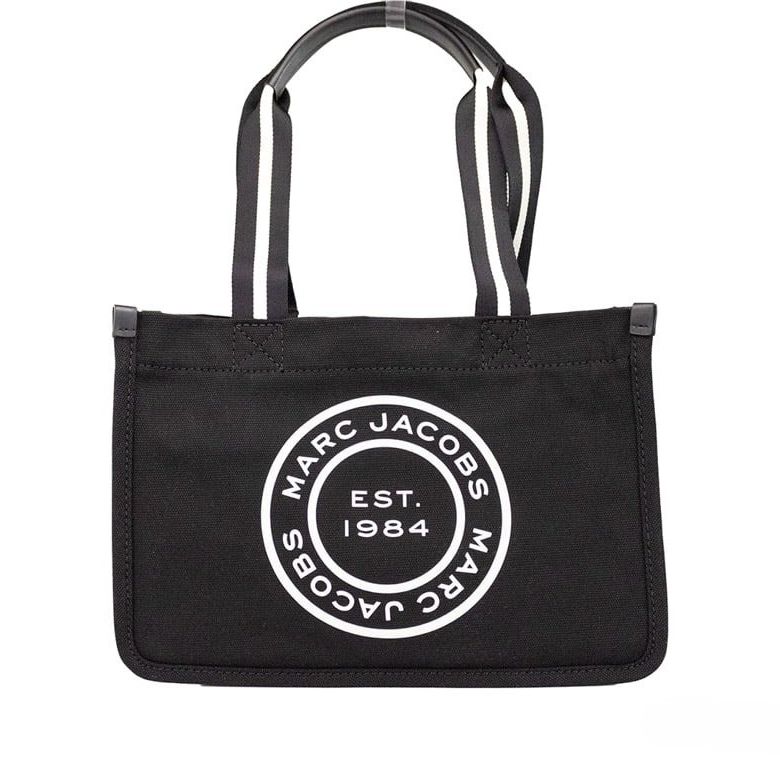 Marc Jacobs Medium Black Canvas Fabric Shoulder Convertible Tote Purse Bag